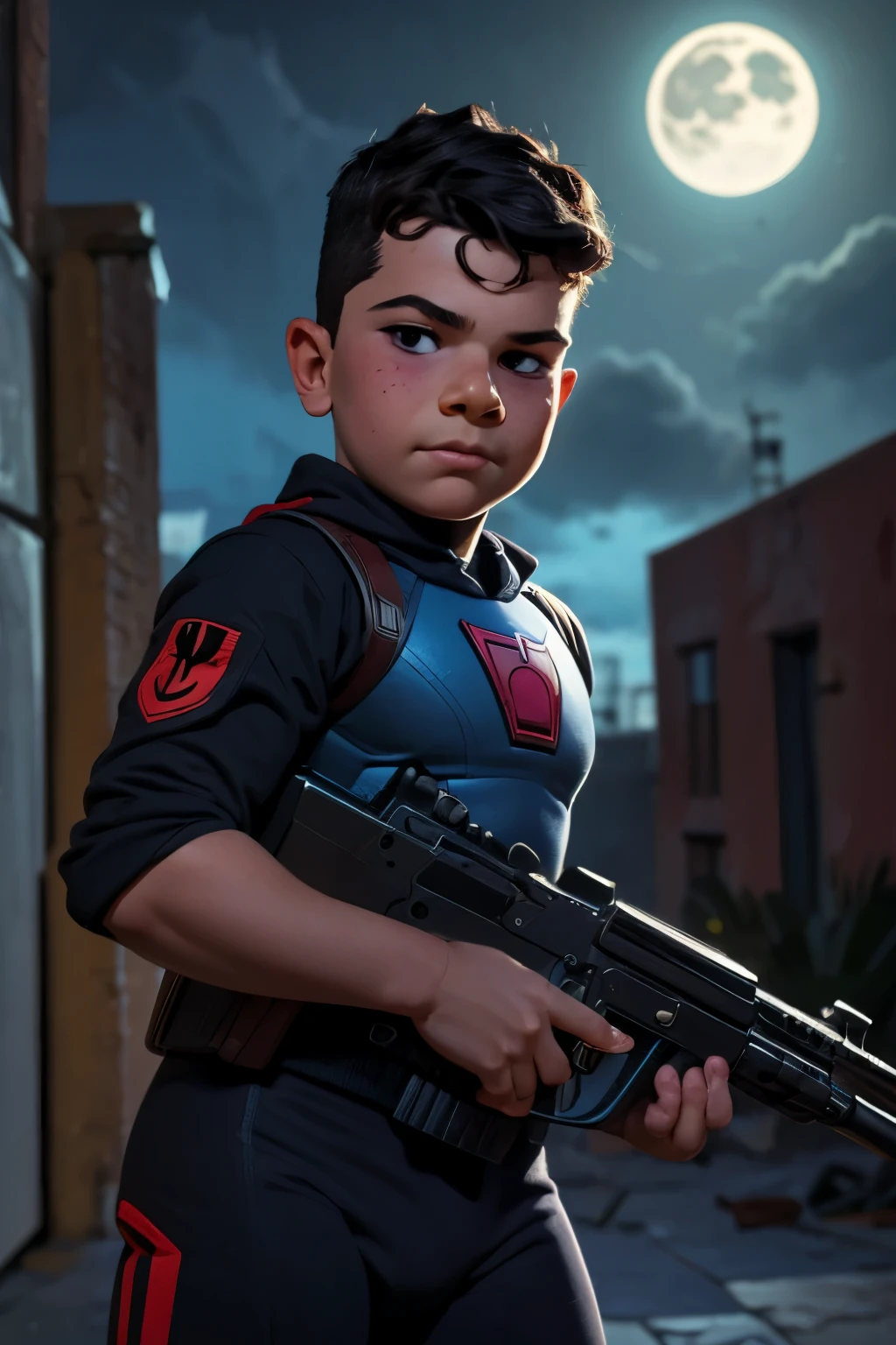 Close-up face, Thoe, (((a young boy, ***))), Marvel Comic Panel Drawing: A boy with black eyes, in Dynamic pose, short black hair , over The building under The moonlight, wearing a soldier Call of duty suit in dystopic war city background, holding a AK-47. 