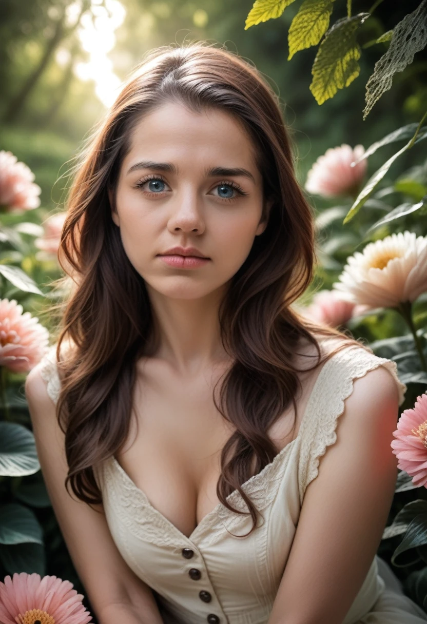 A beautiful european girl, Eve, wearing white organza dress, transparent dress, cleavage, white transparent stockings, full body, from above, leaning forward, bending over, red apples, near an apple tree. She is 24 years old, has light brown hair, long hair, curly hair and light blue eyes. Her cloth is stylish and her overall appearance is stunning. The girl's face is extremely detailed with beautifully detailed lips. Her skin is anatomically correct with realistic textures. The image should have super high details and be of the best quality, with a resolution of 8K. The final result should be a masterpiece, showcasing the girl's beauty and the vibrant atmosphere of the forest and lake