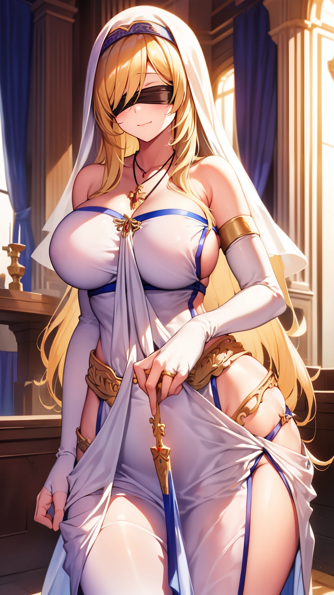 , smile, SwordMaidenNDV, 1girl, blonde hair, large breasts, long hair, white dress, black blindfold, necklace, habit,standing,narrow waist,bare shoulders, blonde hair, white dress, blush, bridal gauntlets, indoors, blindfold, long hair, jewelry, necklace, curtains, sideboob, closed mouth, standing, palace, castle, big room, column, ornaments, ((formal dress))