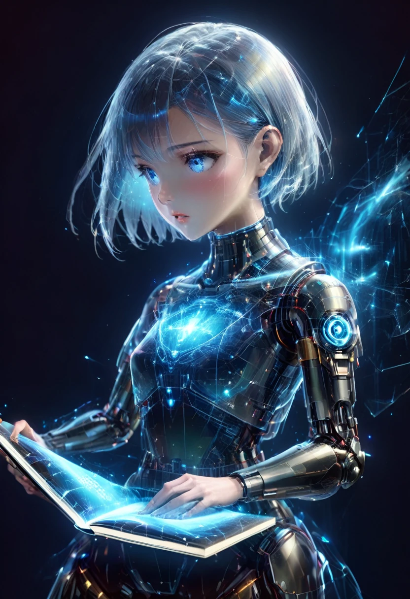 Ultra HD8kオクタン. An android girl is reading a book in cyberspace、The girl、From the neck down, Everything is made by machines.、美しい白いhair, short hair、Breathtakingly beautiful blue eyes, Lips and Skin、From the neck downはリアルな黒色で彩られたアンドロイドボディ、Mecha is exposed everywhere、A girl reads a book that appears in space as a Holographic image.、The words you read are absorbed into the space、Realistic texture of the girl&#39;hair、(Super Real Skins:1.3)、Realistic texture of the machine body and glossy mechanism、A realistic representation of cyberspace、( Girl&#39;s back view&#39;Bust Focused on Book:1.2)、Ultra HD、(masterpiece、Highest quality、4K、8k:1.5)、Super detailed、Ultra-fine painting、Octane Rendering.Dramatic lighting、Professional Photo Resolution、Award-winning works、Night - wfhlgr.Holographic

