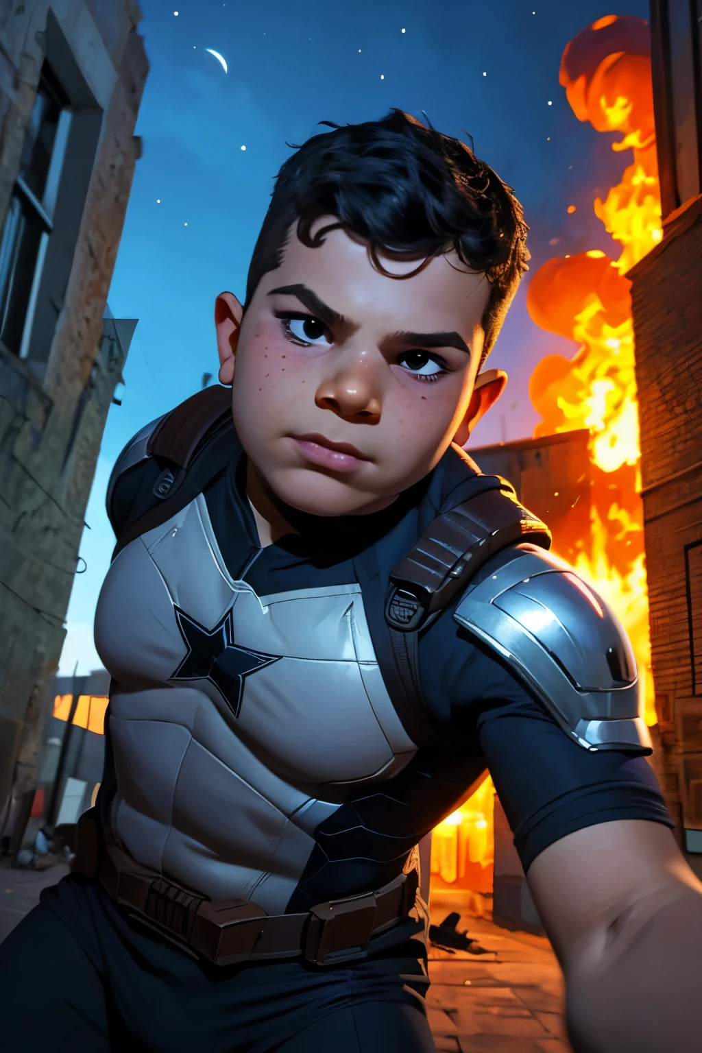 Close-up face, Thoe, (((a young boy, ***))), Marvel Comic Panel Drawing: A boy with black eyes, in Dynamic pose, short black hair , over The building under The moonlight, wearing a soldier Call of duty suit in dystopic war city background, holding a AK-47, flames and explosion Background . 