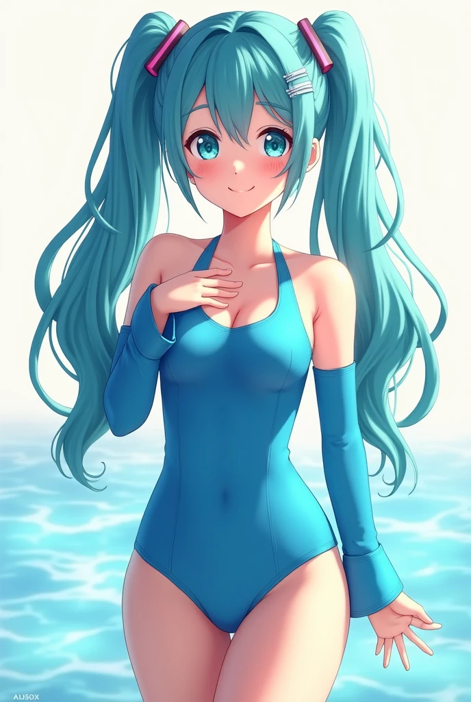 1 rapariga、(Solo), anime style, super fine illustrations、beautiful seductive anime girl、Super detailed、Smile、beautiful blueish eyes、Beautiful proportions、HATSUNEMIKU、Slender、gentle expressions、seductive anime girls、Lackluster skin、Transparent sexy bikini swimsuit、Strong sunlight、Seaside,Vest line, , , , sex