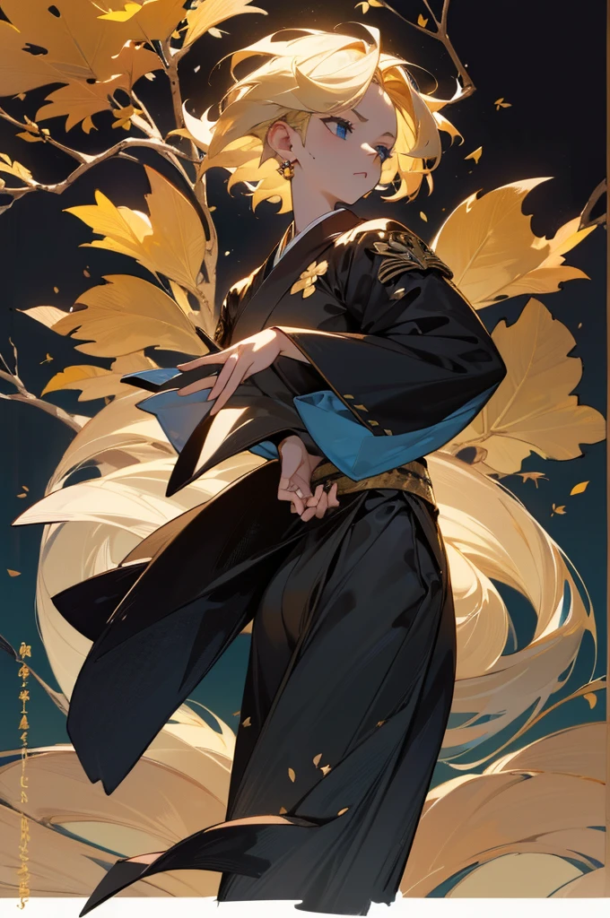 1female, blonde hair short swept hair, blue eyes, calm expression, black and gold gi, open gi, japanese background, fall trees, falling leaves, detailed face, (hands to side), masterpiece, 8k, ultra detailed