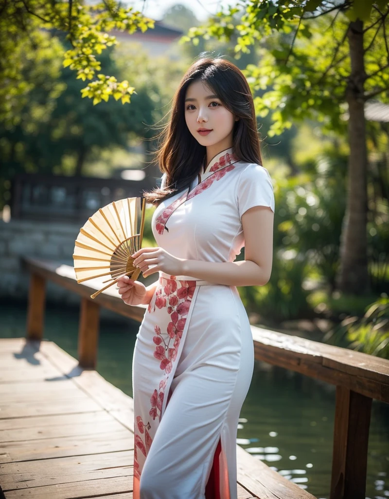 A beautiful young woman, adorned in an elegant traditional Asian dress, detailed beautiful eyes and beautiful face, stands gracefully on a wooden bridge. She holds a delicate fan in her hands, its golden design complementing the pastel colors of her flowing attire. golden ginkgo leaves down around her, creating a serene and enchanting springtime atmosphere. Her gentle smile and the overall soft focus of the image add to the dreamy, romantic quality of the scene.