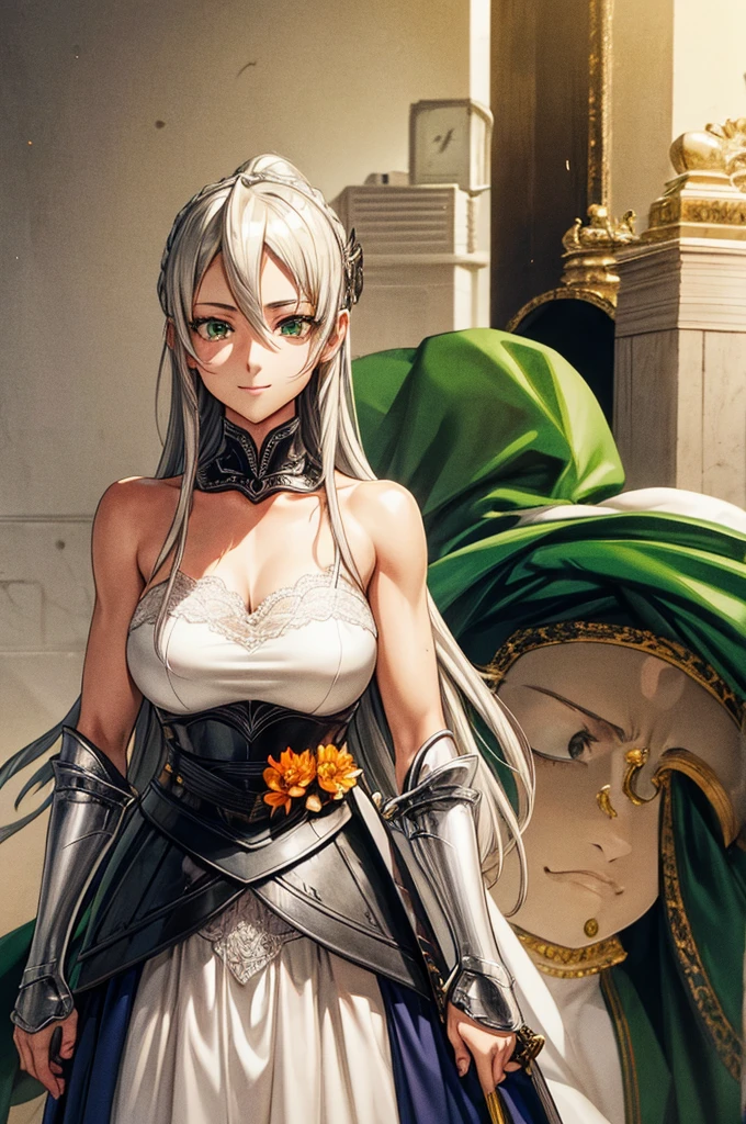 Satou Shouji, EFT_hotd_orange, 1 girl, bare shoulders, mirando head on, standing, large old, silver hair, armor, smile, Alone, Skirt, green eyes, old, dress, neckline, nails, nails largas, by the wide, dress blanco, lace, sword, corona, realist, 8k quality, High quality, he ran, long legs, dress de novia, Princess, head on, Whole body, mirando head on, Look at the viewer, way a way,