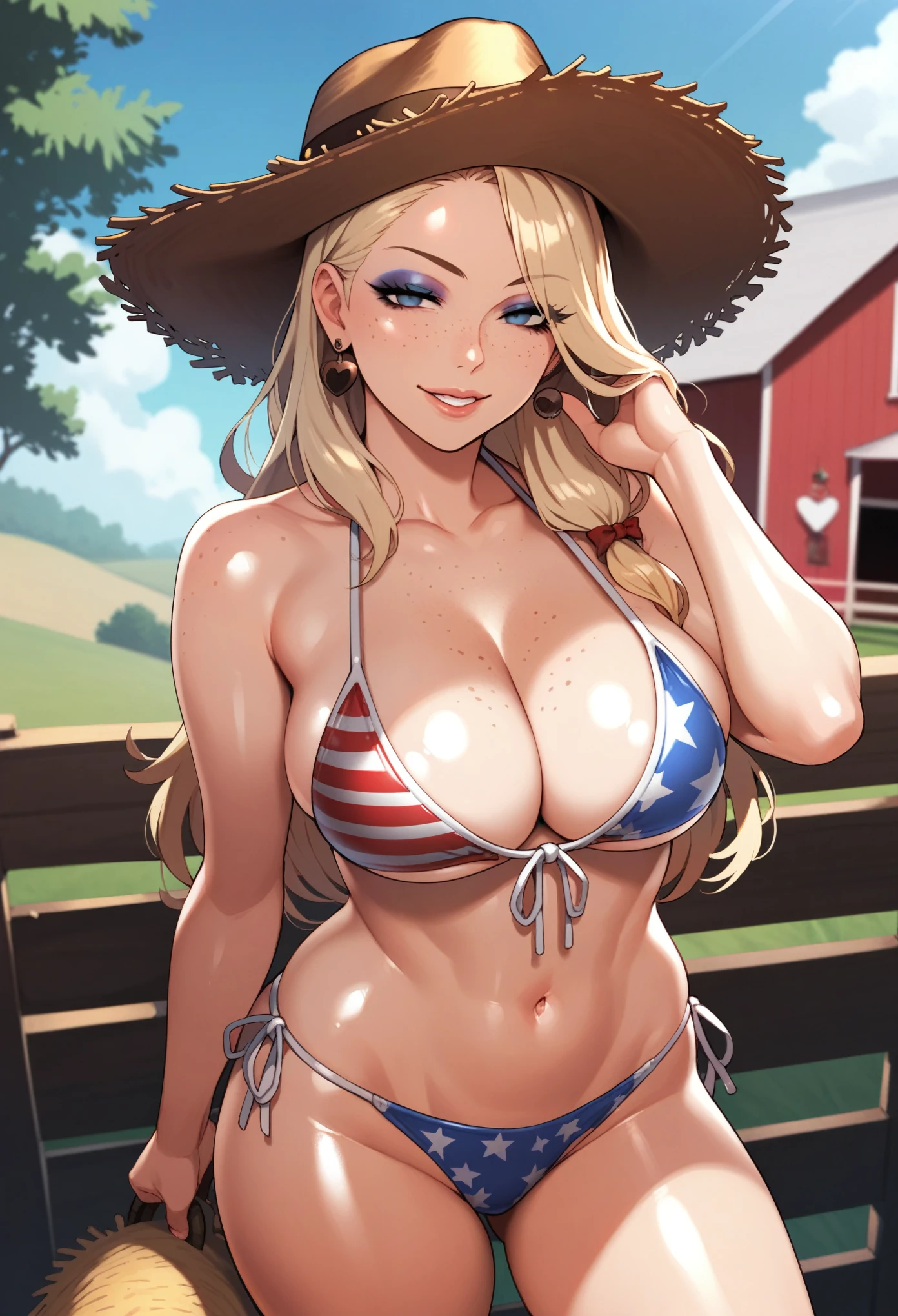 score_9, score_8_up, score_7_up, cowboy shot, solo, 1girl, bikini, body freckles, american flag bikini, cleavage, freckles, large breasts, looking at viewer, pale blonde hair, solo, cropped legs, cowboy hat, straw hat, stable, barn, CorruptR, close-up, makeup, eyeshadow,half-closed eyes, empty eyes,shiny skin, shiny clothes