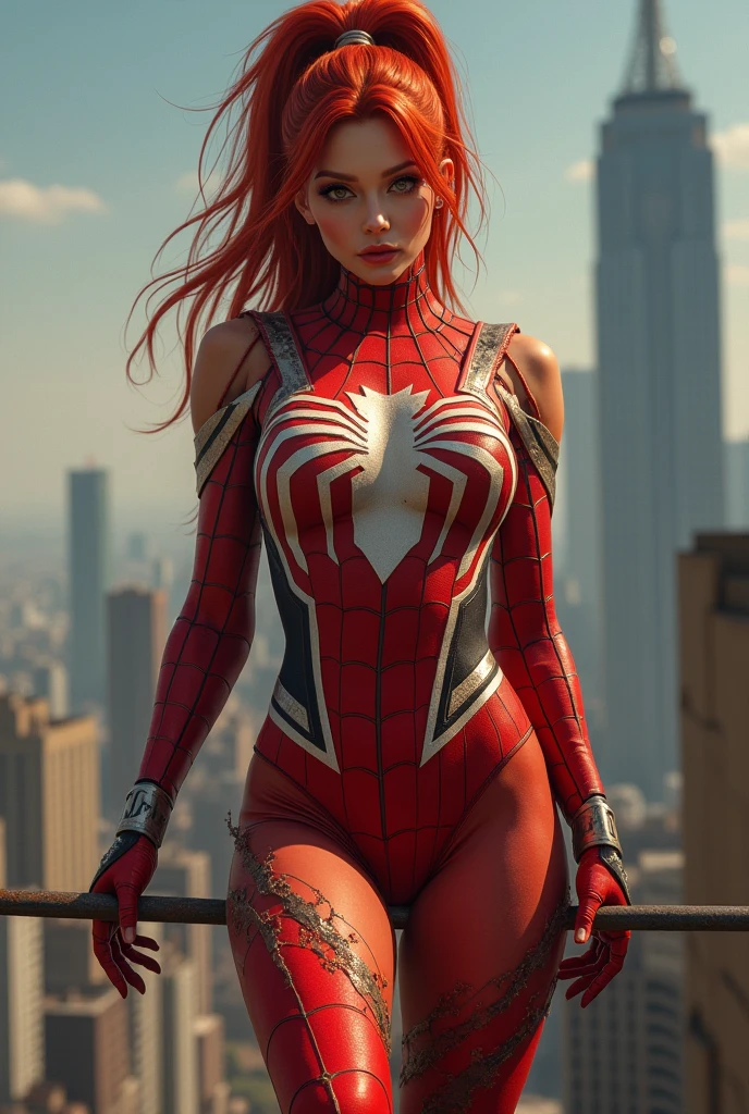 (8K, masterpiece, high quality, (photorealistic:1.5)), (a realistic portrait of a girl in white Spider-Man tight costume, expose cleavage, red hair color, huge , a bit muscular abs, slim fit body, hanging with spider web over the street between high building, dynamic pose), (exquisite lighting and shadows, very dramatic images, cinematic lens effects), (excellent detail, excellent lighting, wide angle, low angle shot), (excellent rendering, enough to stand out in its class), white Spider-Man costume, focusing on complex spider textures