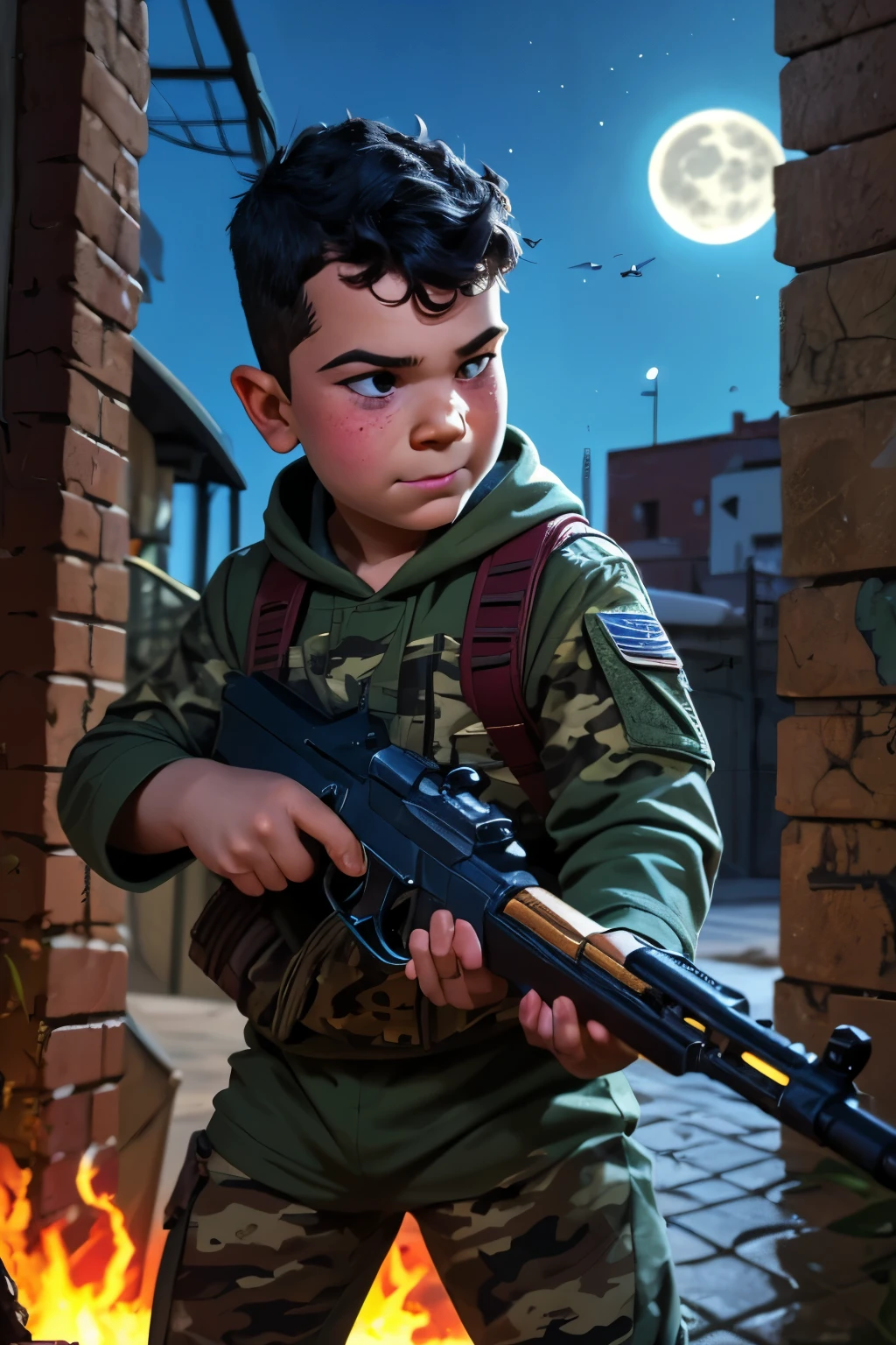 Close-up face, Thoe, (((a young boy, ***))), Marvel Comic Panel Drawing: A boy with black eyes, in Dynamic pose, short black hair , over The building under The moonlight, wearing a soldier Call of duty suit, camouflage, in dystopic war city background, holding a AK-47, flames and explosion Background . 