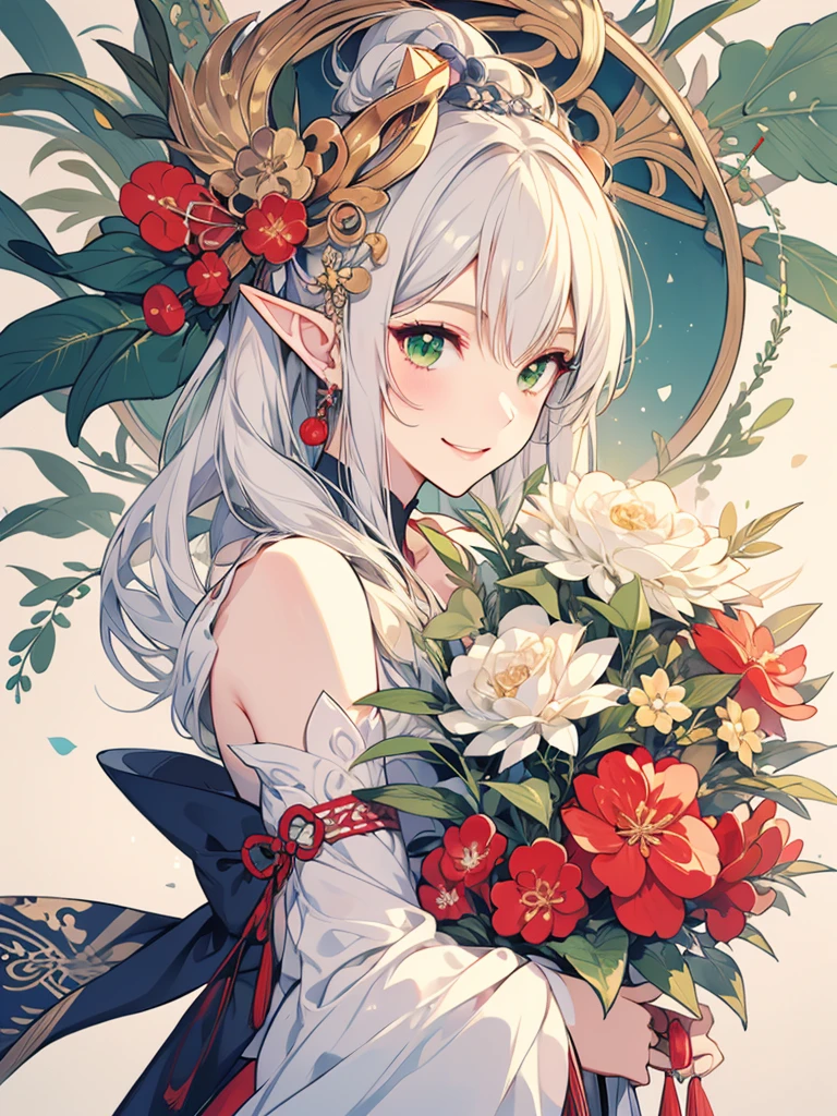 masterpiece, best quality, 1girl, ultra detailed, ultra highres, well-definded facial features, anatomically correct, cute girl, long pointy ears, elf, nice face,white hair, green eyes, hugging bouquet, smiling, Ukiyo-e,