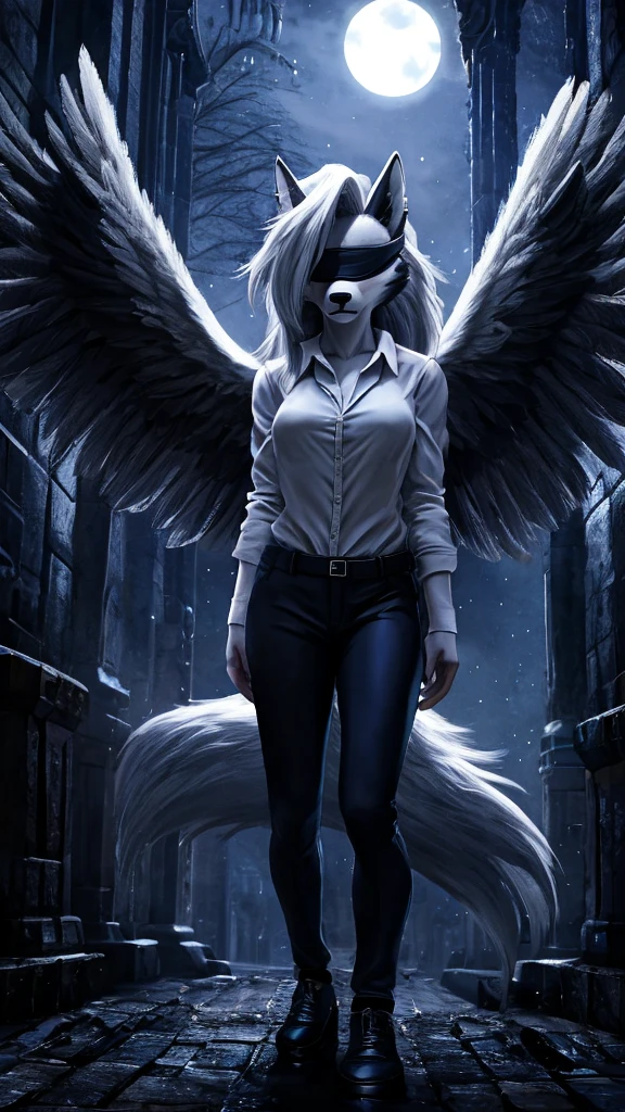 Loona from Helluva Boss, female wolf, anthro, mature adult, white hair, blindfold, angel of pain, grey big feathery wings, grey angel halo, white shirt, black long pants, black shoes, standing, cold stare, detailed, solo, beautiful, high quality, full body, omnious, darkness, night, 4K