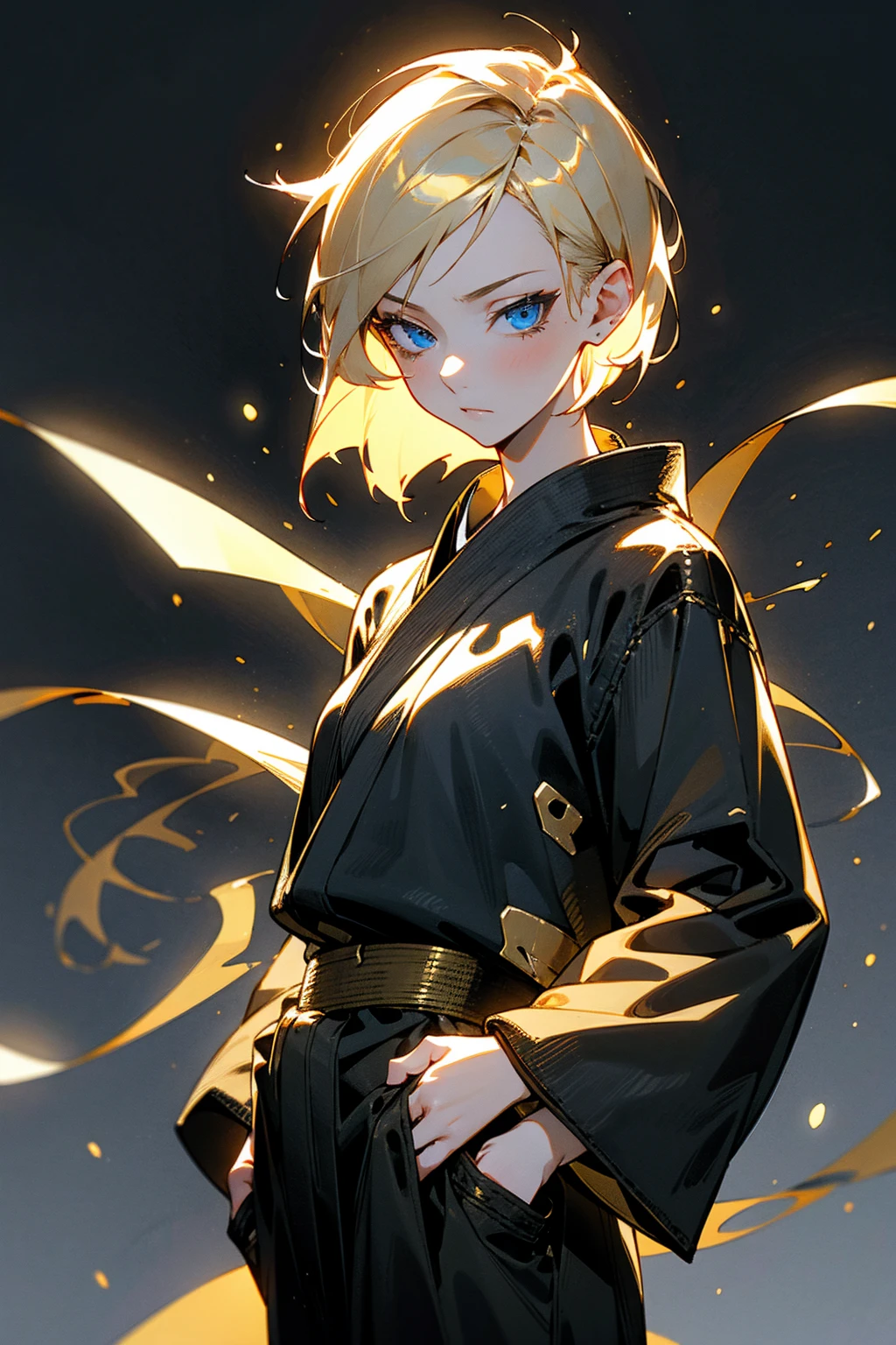 1female, blonde hair short swept hair, blue eyes, calm expression, black and gold gi, open gi, foggy background, detailed face, hands to side, hands behind, hands in pockets, hidden hands