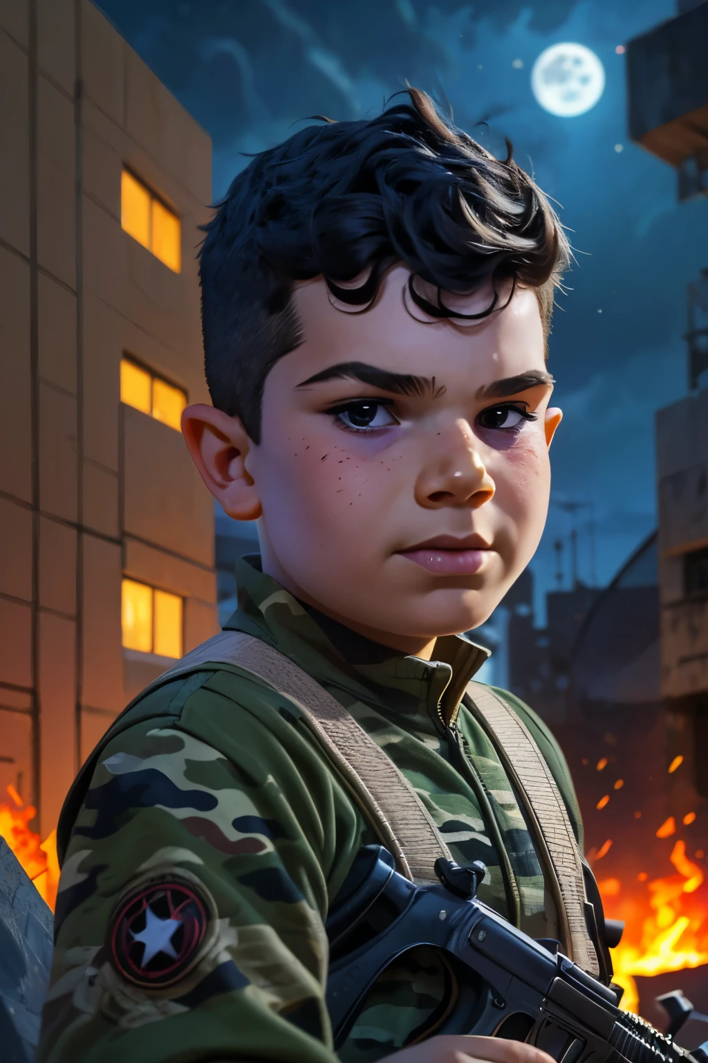 Close-up face, Thoe, (((a young boy, ***))), Marvel Comic Panel Drawing: A boy with black eyes, in Dynamic pose, short black hair , over The building under The moonlight, wearing a soldier Call of duty suit, camouflage, in dystopic war city background, holding a AK-47, flames and explosion Background . 