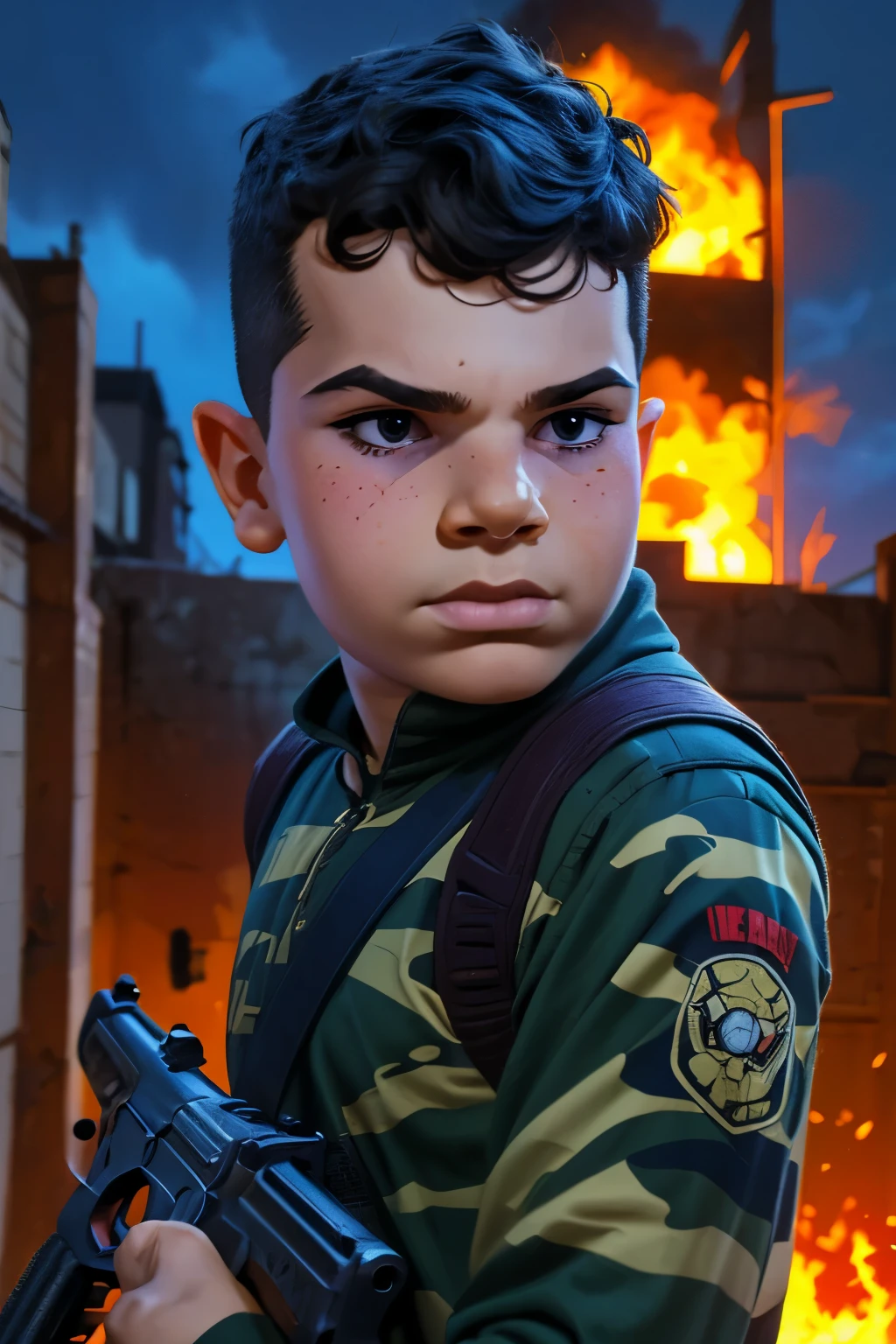 Close-up face, Thoe, (((a young boy, ***))), Marvel Comic Panel Drawing: A boy with black eyes, in Dynamic pose, short black hair , over The building under The moonlight, wearing a soldier Call of duty suit, camouflage, in dystopic war city background, holding a AK-47, flames and explosion Background . 