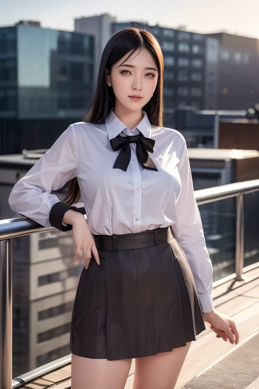 a beautiful girl in a high school uniform standing on the rooftop of a high-rise building, holding an H&K HK416 rifle and aiming it at the viewer, delicate facial features, dark makeup, long brown hair, (best quality,4k,8k,highres,masterpiece:1.2),ultra-detailed,(realistic,photorealistic,photo-realistic:1.37),HDR,UHD,studio lighting,ultra-fine painting,sharp focus,physically-based rendering,extreme detail description,professional,vivid colors,bokeh,portrait