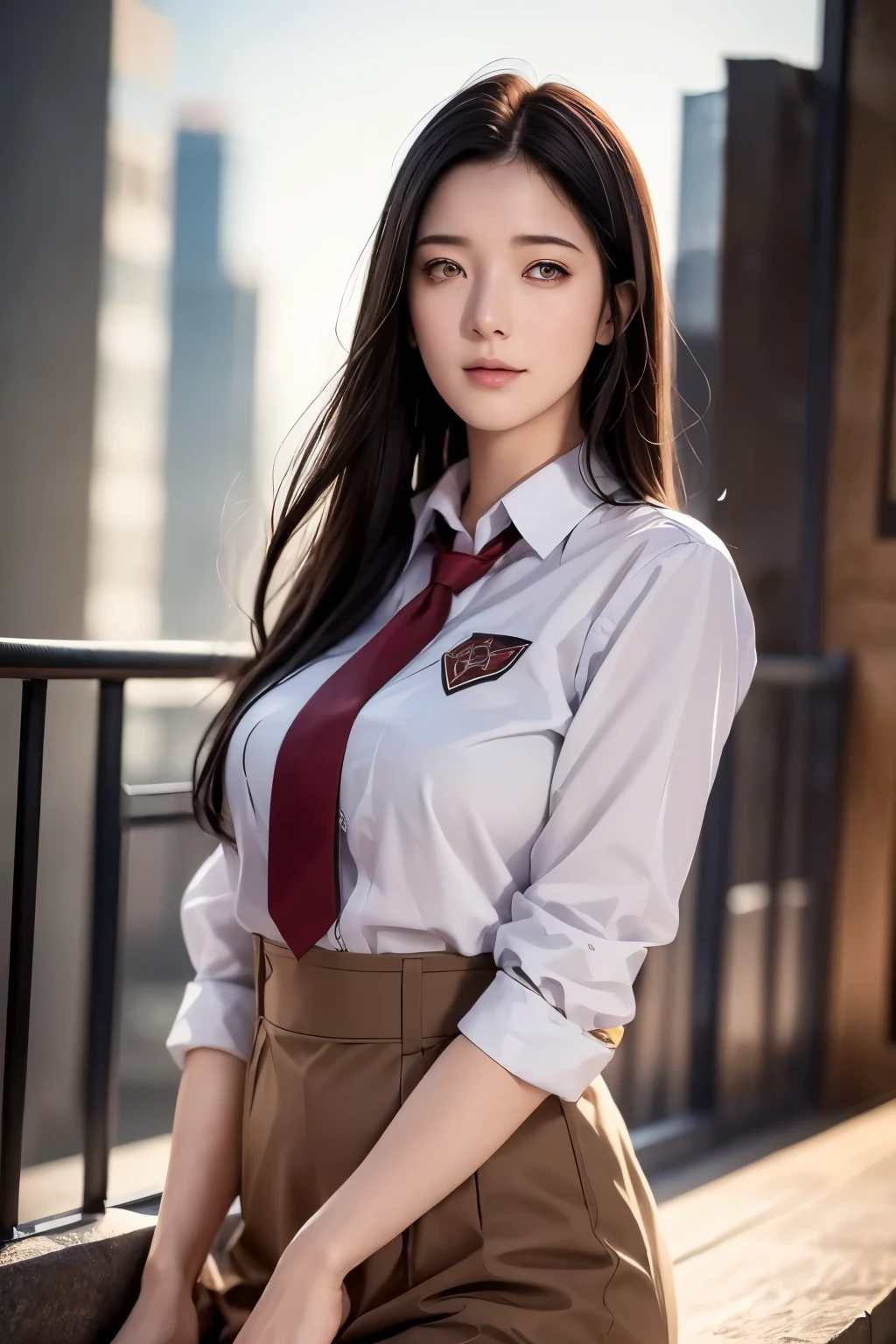 a beautiful girl in a high school uniform standing on the rooftop of a high-rise building, holding an H&K HK416 rifle and aiming it at the viewer, delicate facial features, dark makeup, long brown hair, (best quality,4k,8k,highres,masterpiece:1.2),ultra-detailed,(realistic,photorealistic,photo-realistic:1.37),HDR,UHD,studio lighting,ultra-fine painting,sharp focus,physically-based rendering,extreme detail description,professional,vivid colors,bokeh,portrait