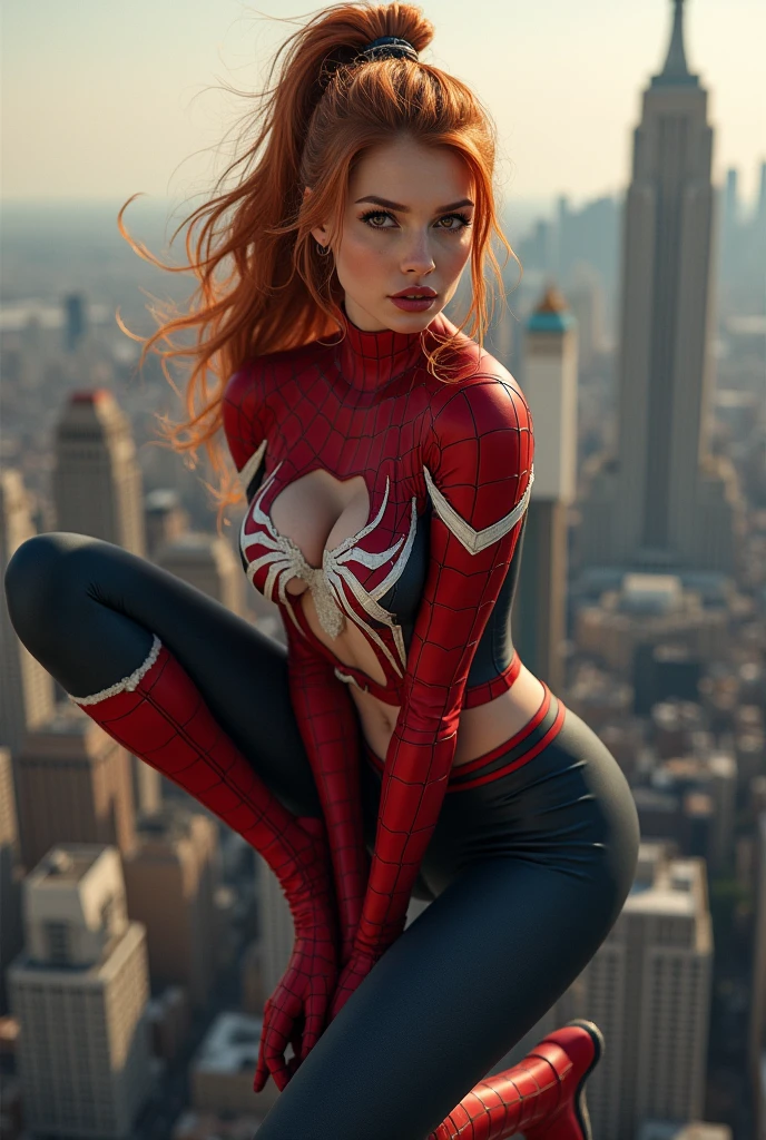 sexy redhead woman, ultra realistic photo, eroic expression, perfect detailed face, bright blue eyes,(big teddy bear) dressed as Spider-Man from Marvel Comics, In the fortress of solitude, Looks cool, (Ultra realistic), (Illustration) , (very high resolution), (8k), (very detailed), (best illustration), (best quality), (ultra detailed), (master piece), solo, (dynamism), dark studio, she wears a futuristic jacket, goddess perfect American, torn spiderman outfit showing her beautiful huge long breasts, giant pointy breasts, marked pussy showing her pubic hair, hot erotic girl, half naked, she is on top of a building crouched showing her marked pussy, marked and wet pussy, erotic, pornography,