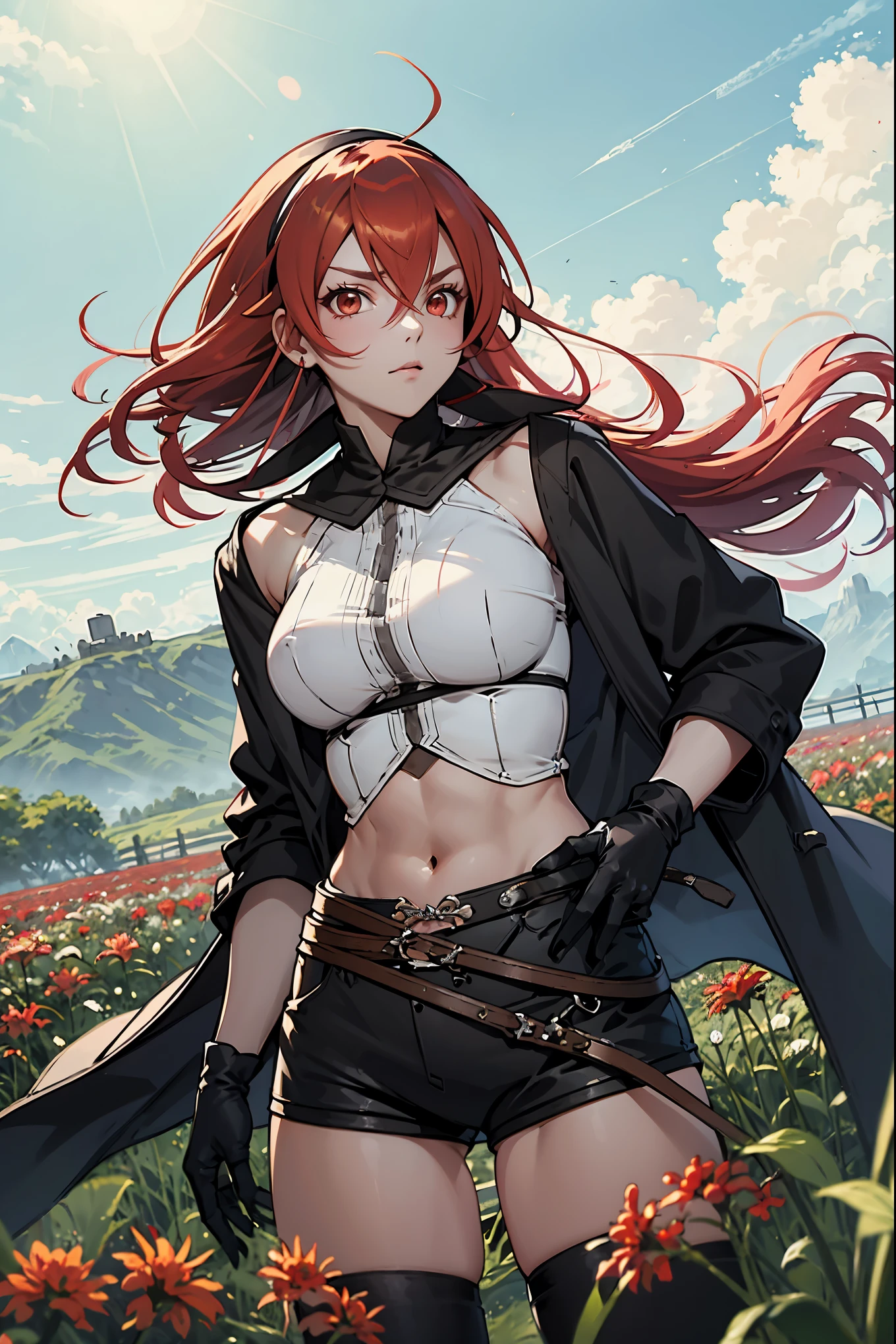 (masterpiece), best quality, expressive eyes, perfect face, looking at viewer, solo, (cowboy shot), mature female, red hair, long hair, ahoge, hairband, crossed bangs, hair between eyes, black hairband, sidelocks, red eyes, fur-trimmed jacket, (((black jacket))), open jacket, coat, crop top, large breasts, (black thighhighs,) gloves, navel, black shorts, short shorts, belt, (field), lycoris radiata, red spider lily field, sky