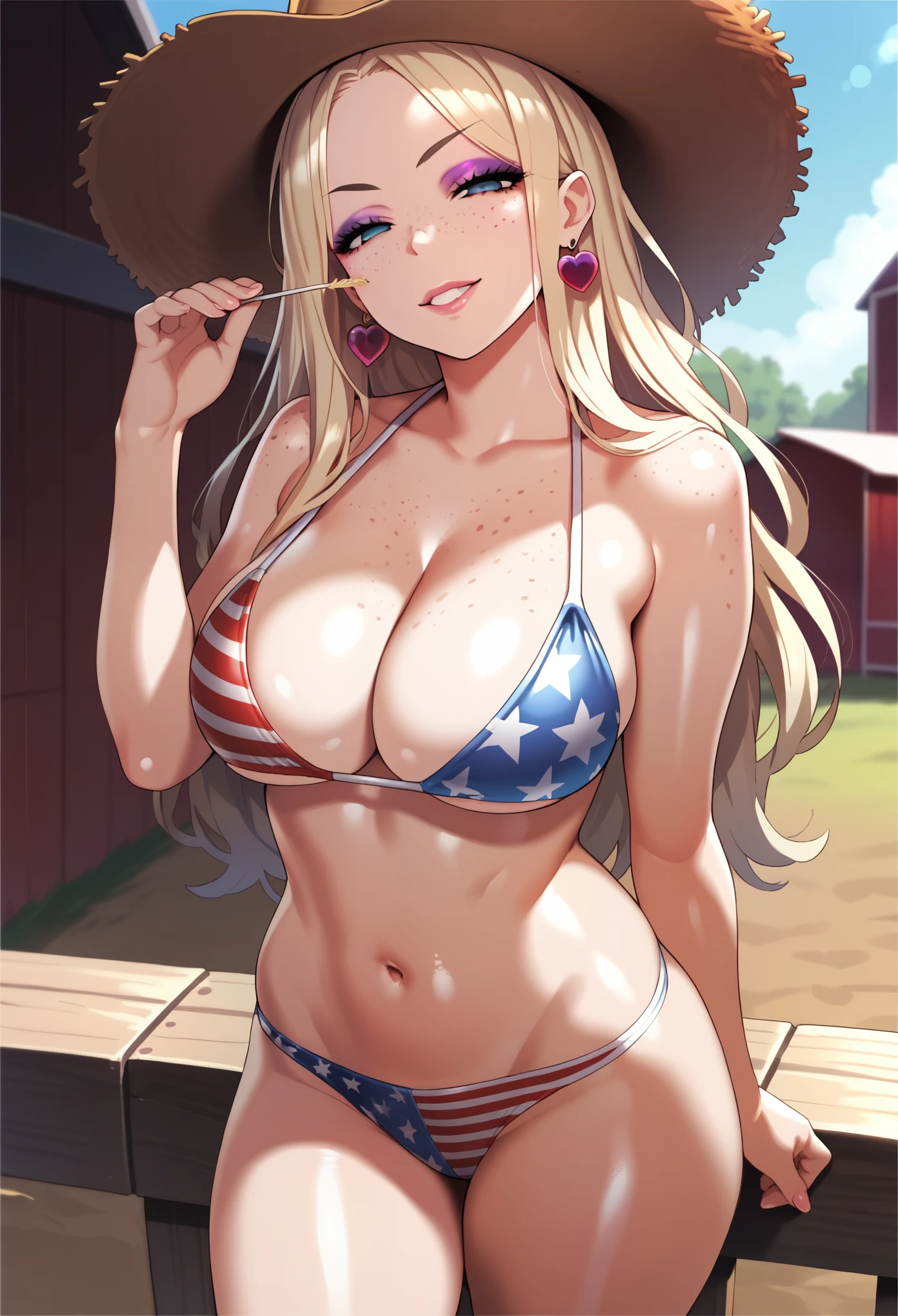 score_9, score_8_up, score_7_up, cowboy shot, solo, 1girl, bikini, body freckles, american flag bikini, cleavage, freckles, large breasts, looking at viewer, pale blonde hair, solo, cropped legs, cowboy hat, straw hat, stable, barn, CorruptR, close-up, makeup, eyeshadow,half-closed eyes, empty eyes,shiny skin, shiny clothes