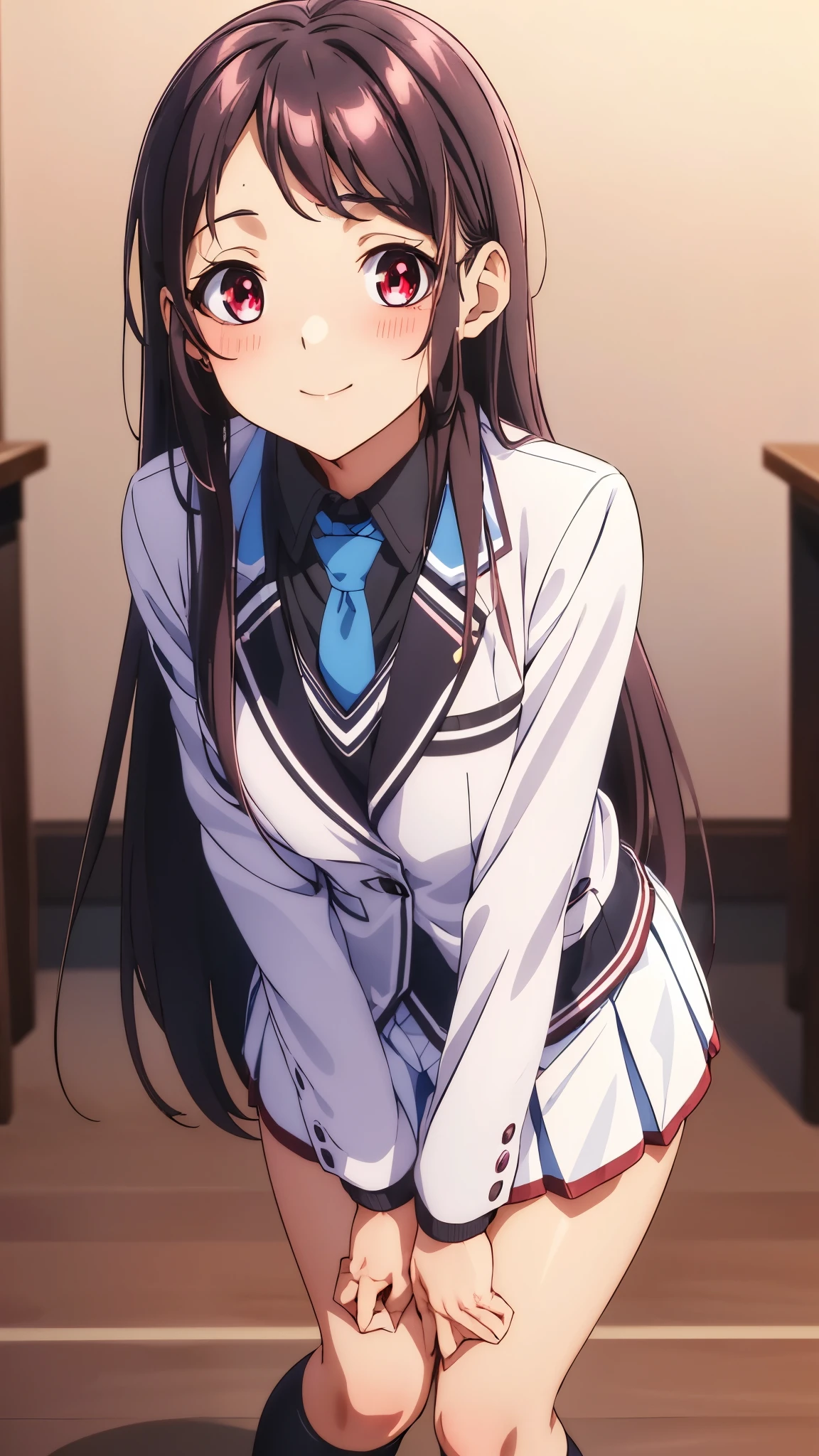 Show your armpits,Kaori Hojo, girl, (masterpiece: 1.1), (highest quality: 1.1), red eyes, long hair, cute smile, blush, ((school uniform), jacket, sleeve, tie, white skirt), pantyhose, loafers, school room, ((leaning forward:1.2), (hands on knees:1.2)), (cinematic angle:1.3, upper body), gravure,