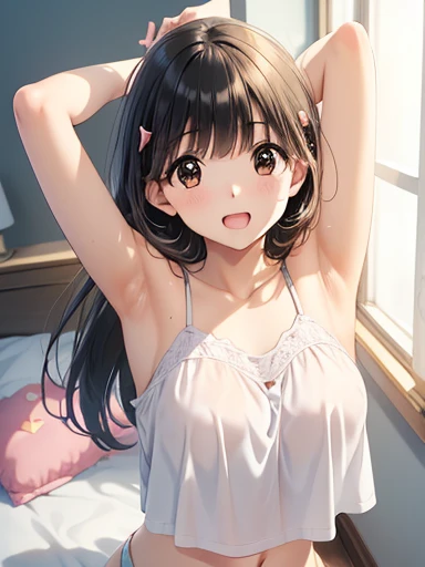 Girl, cute, kawaii, From above, Chest to head, Look up here, smile, Embarrassed, Straight Hair, Long Hair, Black Hair, morning, sunny, Wink, standing,
(ONE Arm up behind:1.5),
(shows armpit:1.5), Light shines in,Yawn,bra top, My Room, Waking up