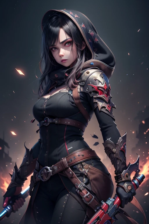 Anime, 8k, high quality, 1girl, solo, lineart, surprised,(full body:0.6),, official art,(best quality,4k,8k,highres,masterpiece:1.2), ultra-detailed girl anime character, high detailed, sexy assassin costume, assasin accesories detailed, holding weapon, dark color mood and tone , break town background. extremely detailed CG unity 8k wallpaper, highly detailed, shiny skin, Depth of field, vivid color, red eyes, fighting pose, fierce feeling.