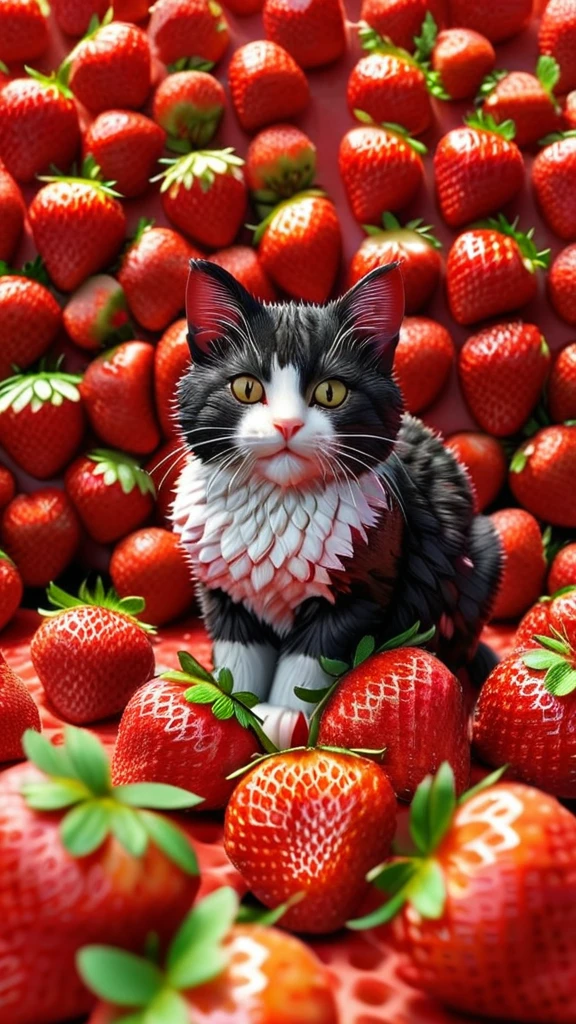 strwbrrxl, multi breed cat, detailed realistic close up of a  colourful strawberry shaped like a cat, sitting, eating strawberry, strawberry field background, natural light, strwbrrxl, High Resolution, Looking at viewer, HD, Super Detailed, Multiple Views, 3D Rendering, Hood, Abstract Expressionism, Accurate, 