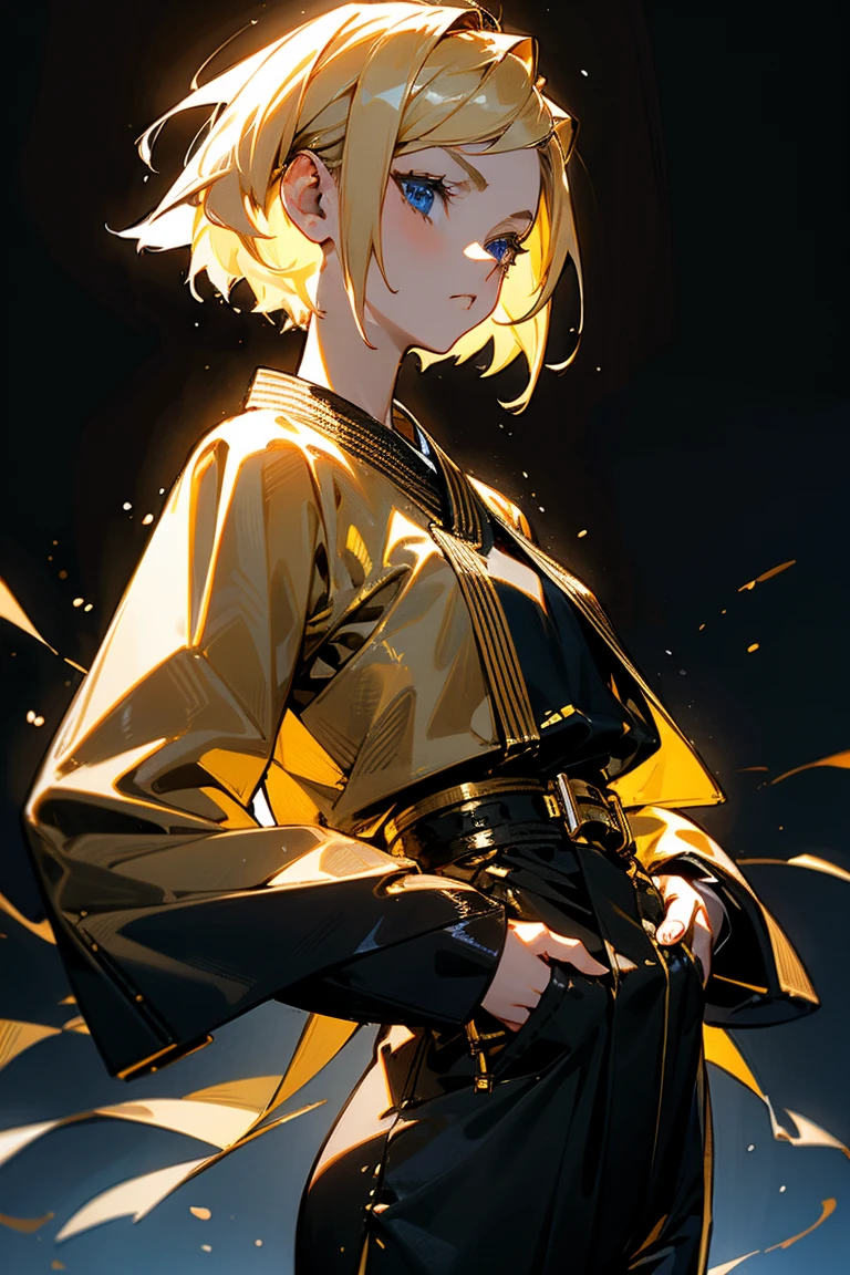 1female, blonde hair short swept hair, blue eyes, calm expression, black and gold gi, open gi, foggy background, detailed face, hands to side, hands behind, hands in pockets, hidden hands