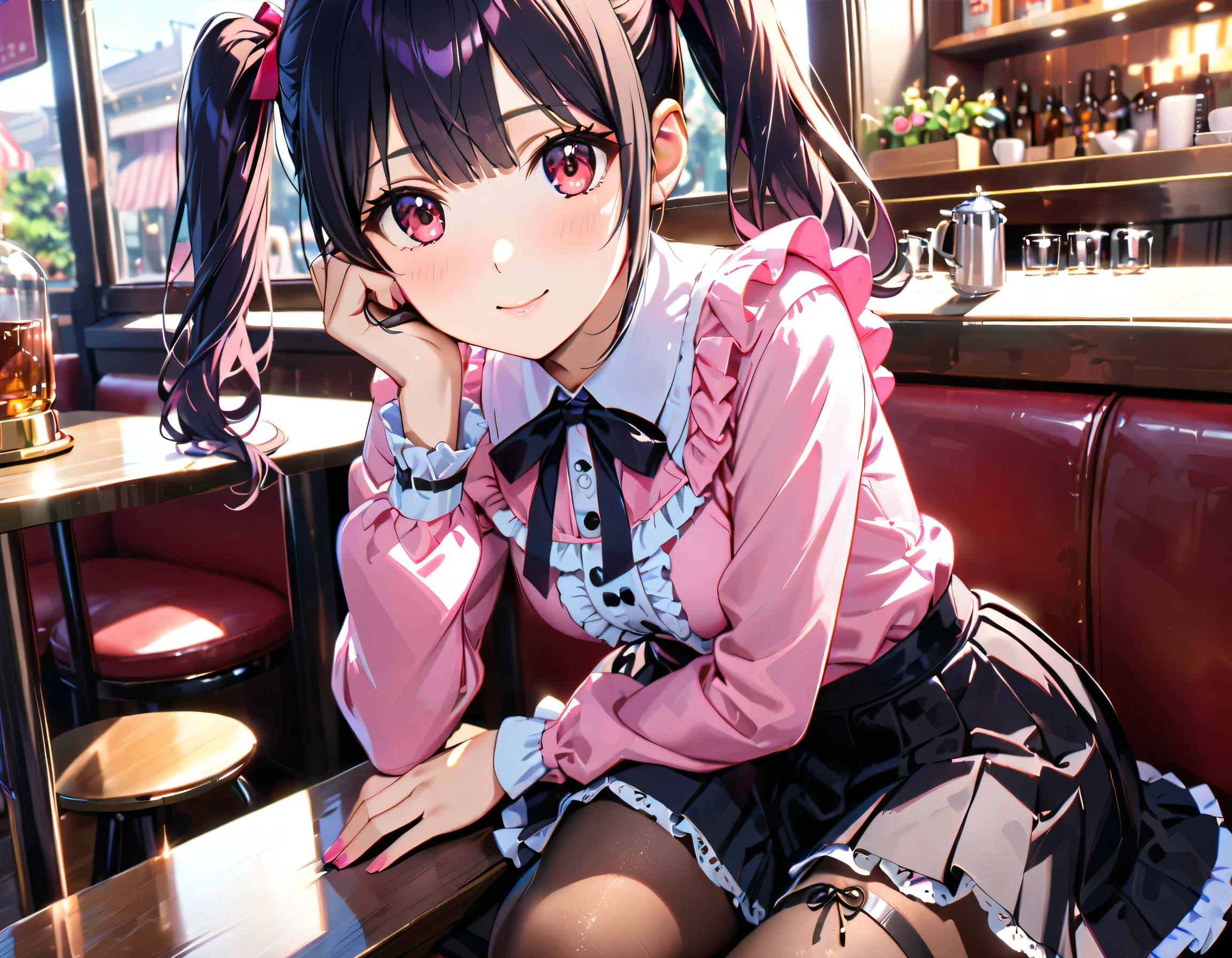 (((blouse pink blouse))), (frilled shirt with black ribbon and lot of frills), (cute lace-up pleated skirt with ruffles:1.2), (lace-up skirt, skirt black skirt:1.2), jirai kei costume, sit down, chin resting on hand, head tilt, anime girl, girl, cute, very cute, (hair black hair, fluffy middle twintails:1.2), pantyhose, hyper detail face, Inside the cafe, shallow depth of field, blurry background, boke, cinematic shadows, (((Masterpiece, top quality, Spectacular Quality, Distinguished Quality, ultra detailed, ultra high res, unity 16k, 32k, ultra photo realistic, reality, hyper realistic))), ウルザン-6500-V1.1:0.8,