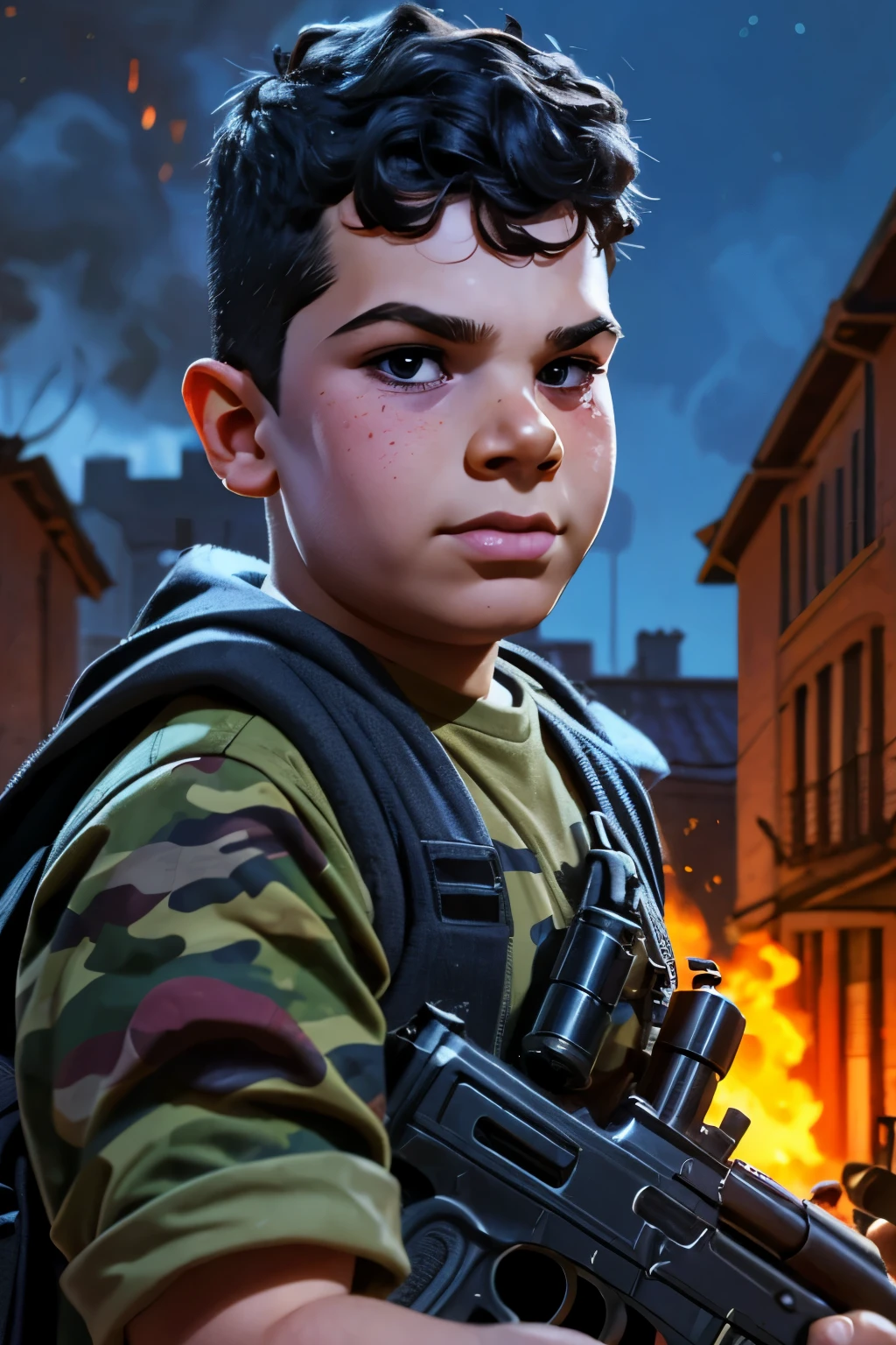 Close-up face, Thoe, (((a young boy, ***))), Marvel Comic Panel Drawing: A boy with black eyes, in Dynamic pose, short black hair , over The building under The moonlight, wearing a soldier Call of duty suit, camouflage, in dystopic war city background, holding a AK-47, flames and explosion Background . 