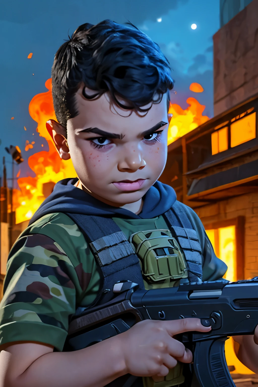 Close-up face, Thoe, (((a young boy, ***))), Marvel Comic Panel Drawing: A boy with black eyes, in Dynamic pose, short black hair , over The building under The moonlight, wearing a soldier Call of duty suit, camouflage, in dystopic war city background, holding a AK-47, flames and explosion Background . 