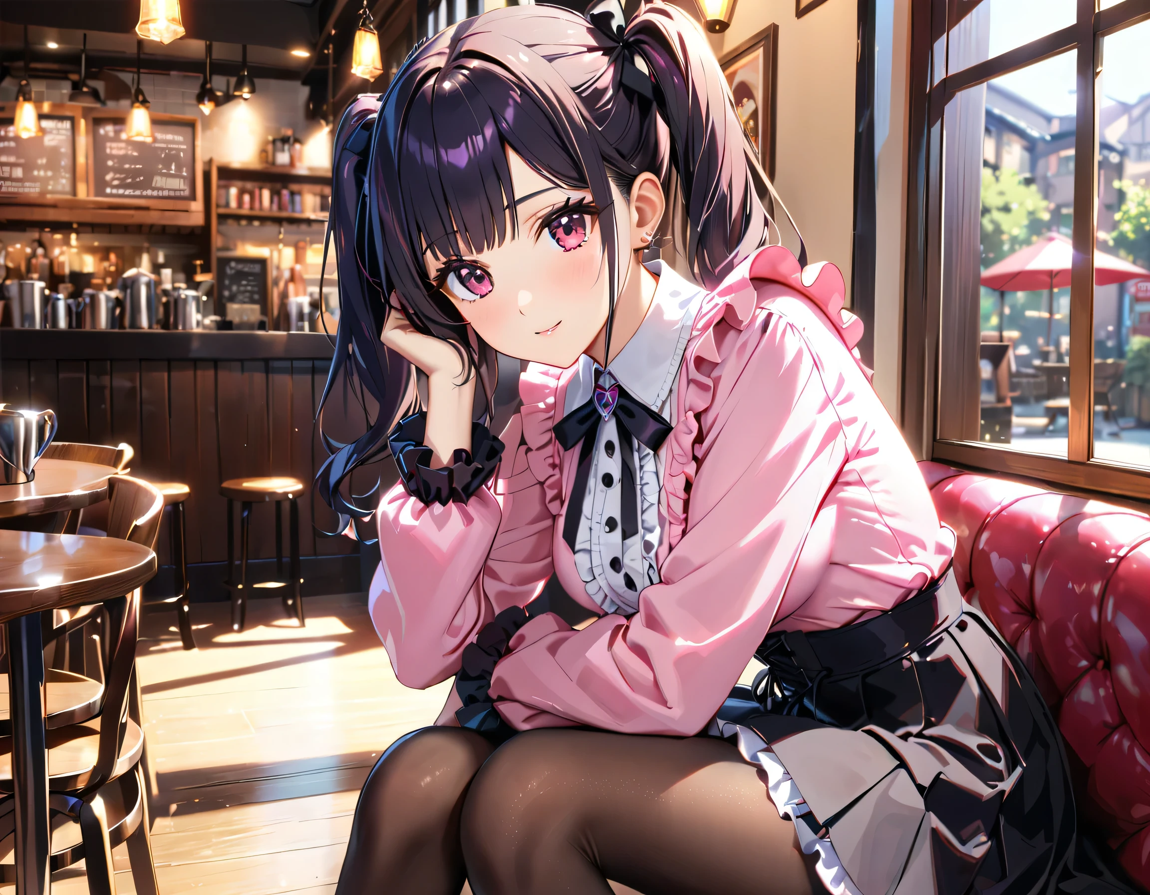 (((blouse pink blouse))), (frilled shirt with black ribbon and lot of frills), (cute lace-up pleated skirt with ruffles:1.2), (lace-up skirt, skirt black skirt:1.2), jirai kei costume, sit down, chin resting on hand, head tilt, anime girl, girl, cute, very cute, (hair black hair, fluffy middle twintails:1.2), pantyhose, hyper detail face, Inside the cafe, shallow depth of field, blurry background, boke, cinematic shadows, (((Masterpiece, top quality, Spectacular Quality, Distinguished Quality, ultra detailed, ultra high res, unity 16k, 32k, ultra photo realistic, reality, hyper realistic))), ウルザン-6500-V1.1:0.8,