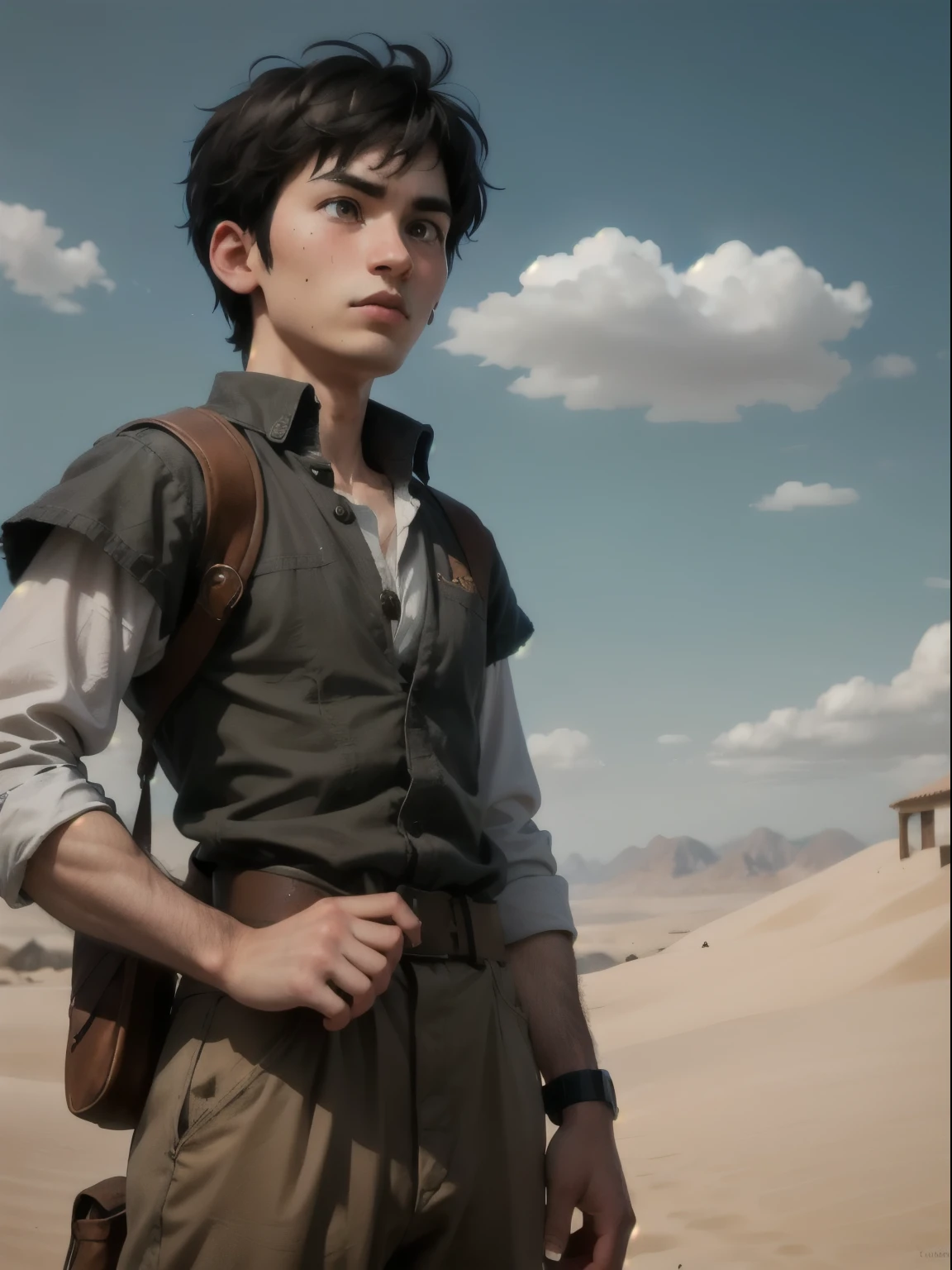 name: Otiniel Rojas Description: Otiniel is a 2 cartographer, with tanned skin and messy brown hair. Fascinated by the sky since childhood, he dreams of discovering the legendary shrine that grants wishes. He carries an old map inherited from his grandfather, who disappeared in the desert years ago. Empathetic and insightful, Otiniel leads the expedition with hope and determination, facing the secrets of the desert and of your own heart.