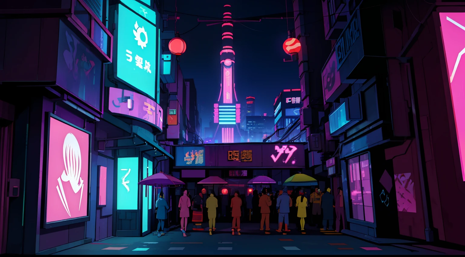 An urban street comes alive at dusk in a Japanese cyberpunk setting, lit by colorful neon lights and floating holograms. Futuristic graffiti adorns the walls of the buildings. Characters in a variety of styles, some in groups, others alone, create an atmosphere of tension and excitement. In the background, a brightly lit bar attracts attention.