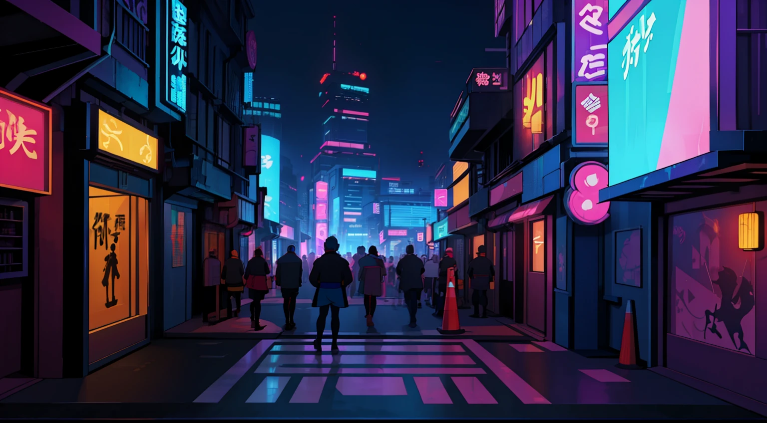 An urban street comes alive at dusk in a Japanese cyberpunk setting, lit by colorful neon lights and floating holograms. Futuristic graffiti adorns the walls of the buildings. Characters in a variety of styles, some in groups, others alone, create an atmosphere of tension and excitement. In the background, a brightly lit bar attracts attention.