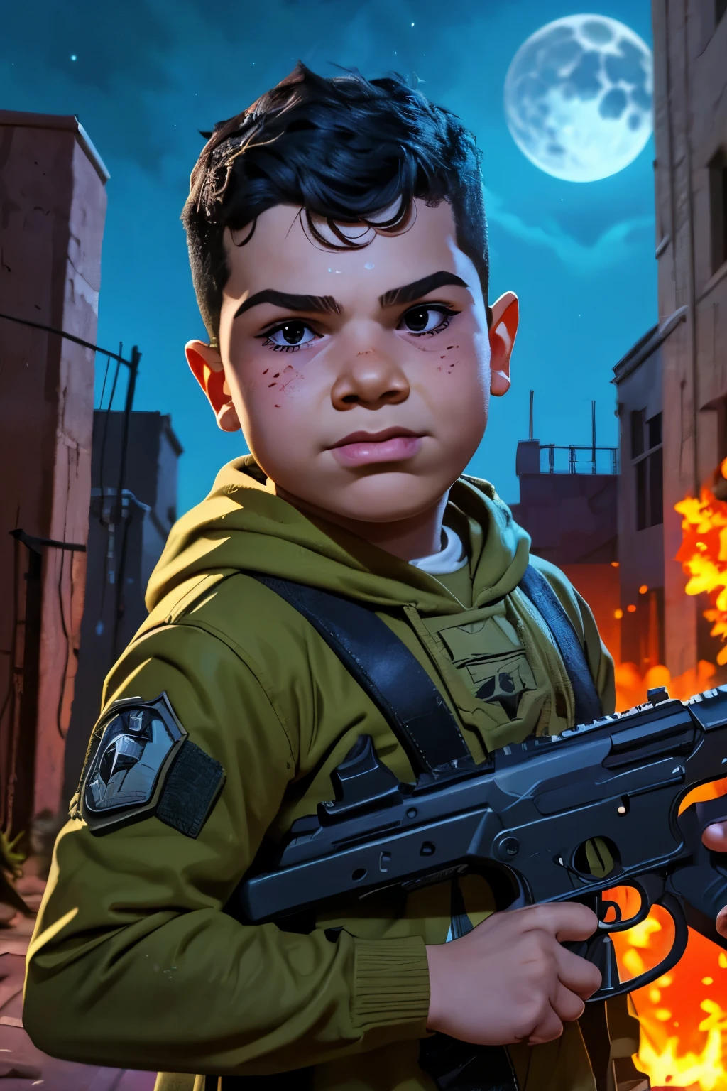 Close-up face, Thoe, (((a young boy, ***))), Marvel Comic Panel Drawing: A boy with black eyes, in Dynamic pose, short black hair , over The building under The moonlight, wearing a soldier Call of duty suit, camouflage, in dystopic war city background, holding a AK-47, flames and explosion Background . 