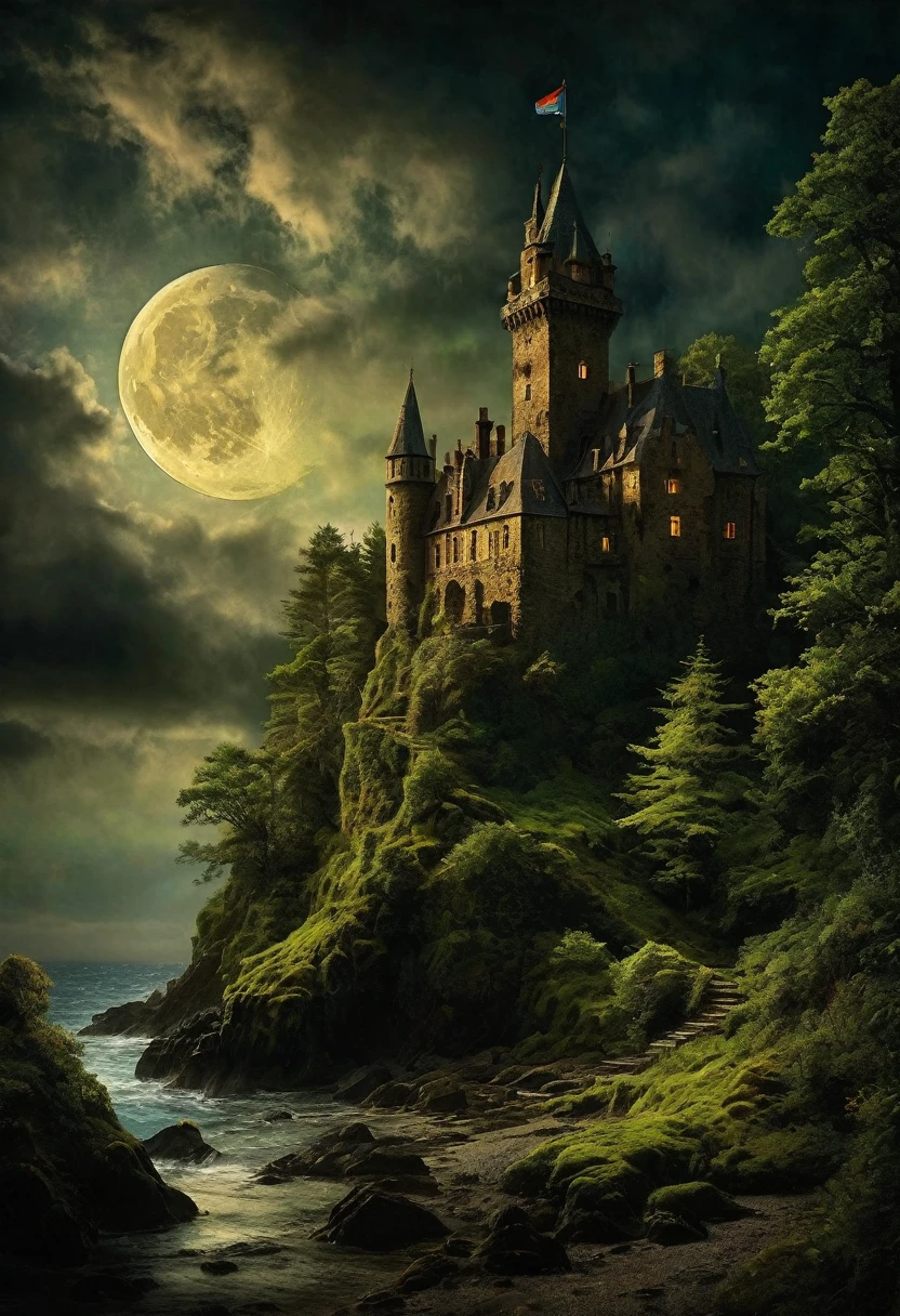 The moon in the moving clouds, the wavering light of shop windows, gloomy streets and silhouetted people. precise details, realism to the point of naturalism and a touch of mystical mood. “Castle by the sea”: buildings lost in the forest, remote corners, stones overgrown with moss. bright colors and picturesque effects, a picture with a special charm.
