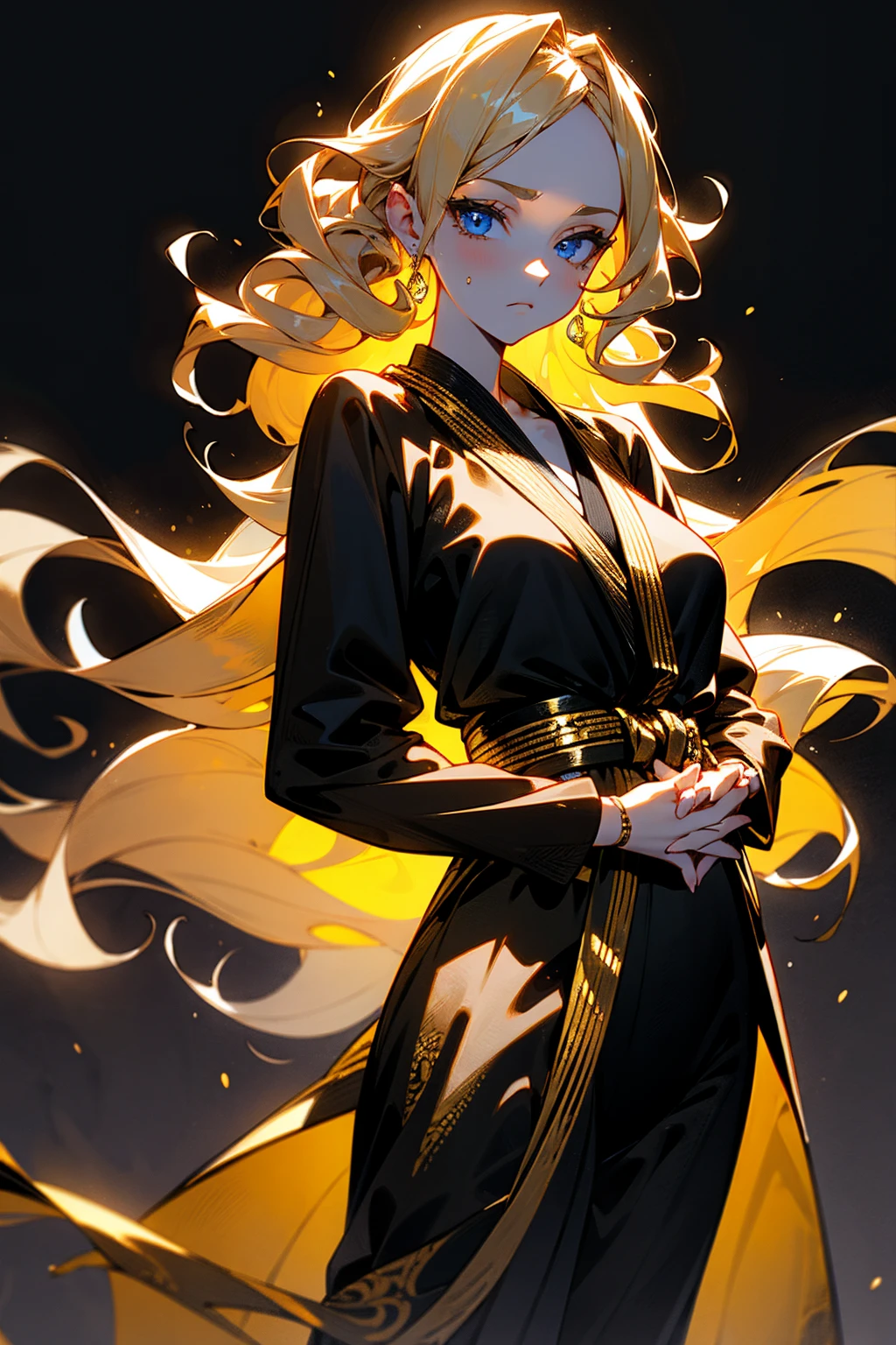 1female, woman, blonde hair, curly long hair, blue eyes, calm expression, black and gold gi, open gi, foggy background, detailed face, hands to side, hands behind, hands in pockets, hidden hands