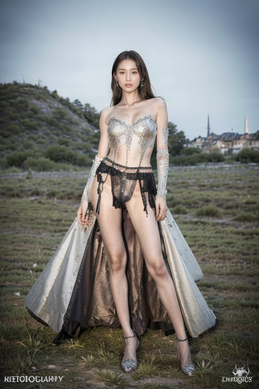 ((original photography:1.2))，((Photo quality:1.1))，Miss, dramatic, warrior, Medieval metal armor,Silver, Bare shoulders, long hair, messy, arrogant, absurd, Detailed dress, Long legs，Cowboy shooting, Full body portrait,(((Expose panties)))， (best quality), (masterpiece), (Very detailed), (4K)，Night view，Medieval village in the background