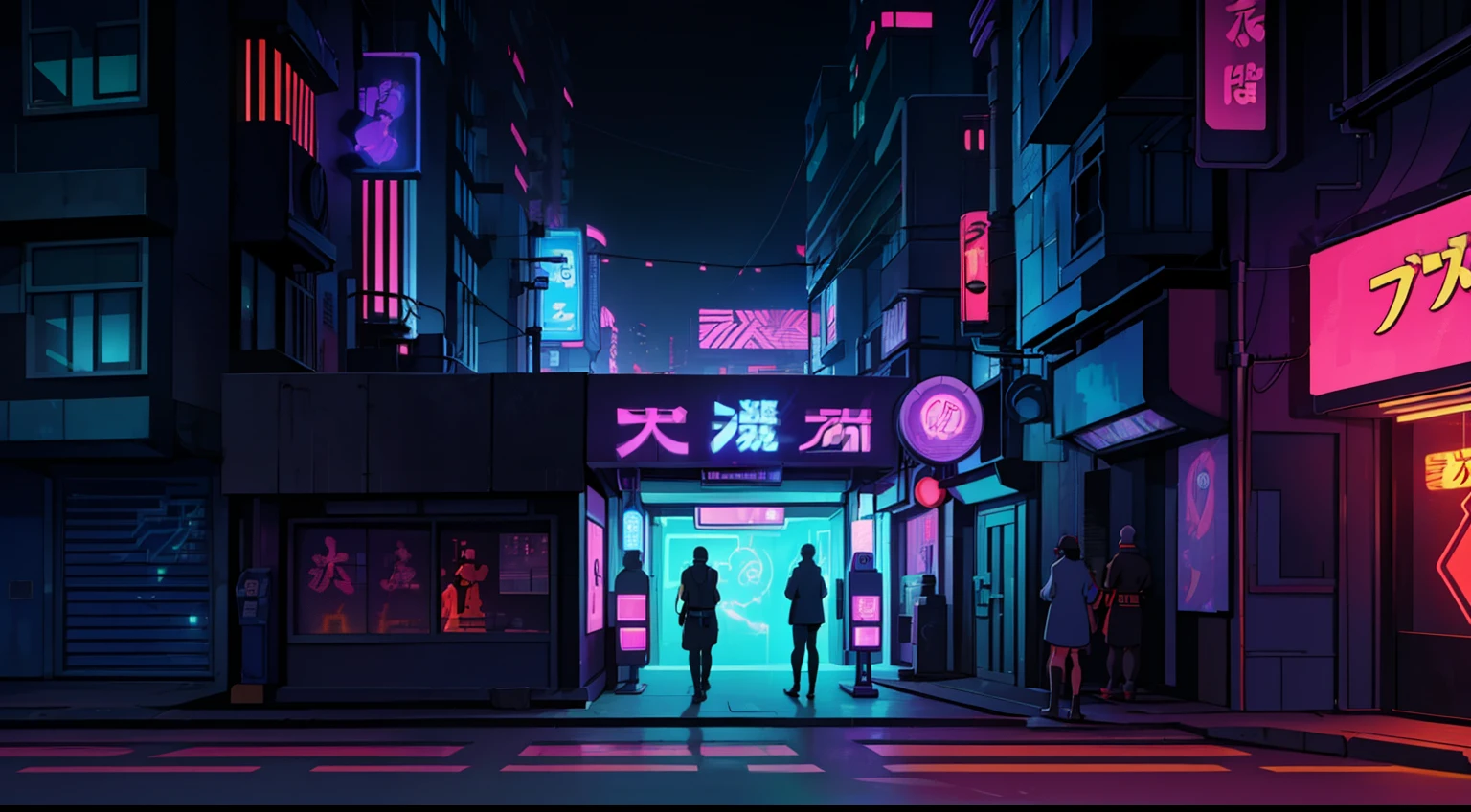 An urban street comes alive at dusk in a Japanese cyberpunk setting, lit by colorful neon lights and floating holograms. Futuristic graffiti adorns the walls of the buildings. Characters in a variety of styles, some in groups, others alone, create an atmosphere of tension and excitement. In the background, a brightly lit bar attracts attention.