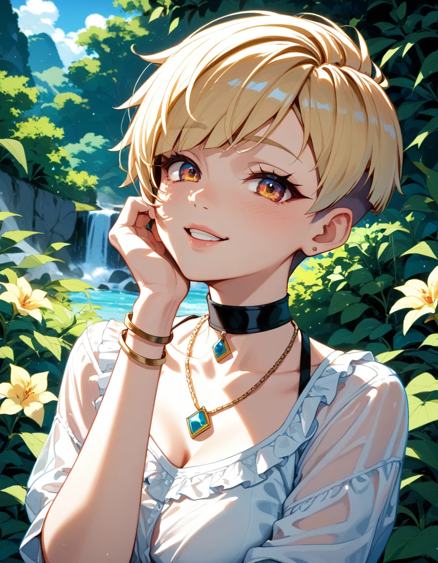 (Highest quality, 4K, 8k, High Resolution masterpiece:1.2), Very detailed, Picturesque, Anime-style photos, Photo Animation:1.37)、a beautiful girl、(blonde Hair)、(pixie cut)、Black choker、pierce、necklace、bracelet、bitch、whore、slut