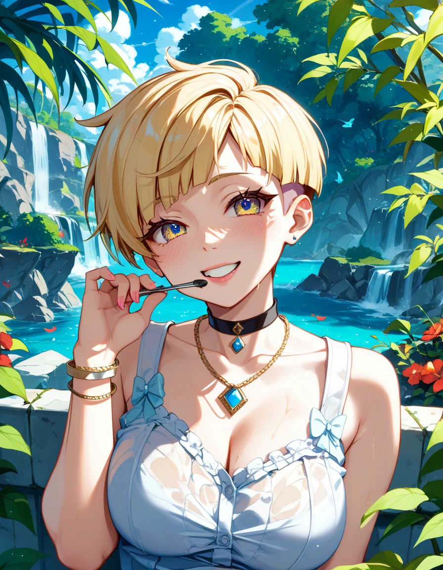 (Highest quality, 4K, 8k, High Resolution masterpiece:1.2), Very detailed, Picturesque, Anime-style photos, Photo Animation:1.37)、a beautiful girl、(blonde Hair)、(pixie cut)、Black choker、pierce、necklace、bracelet、bitch、whore、slut