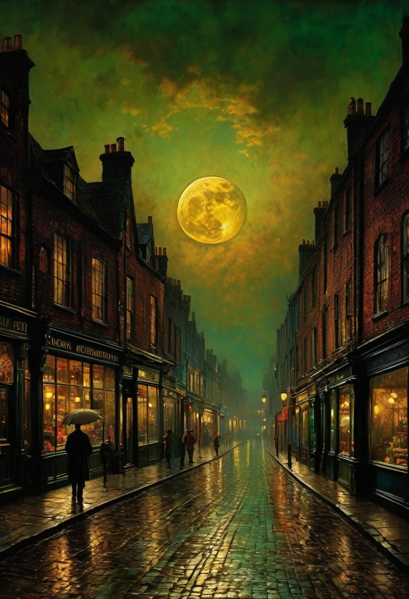 The moon in the moving clouds, the wavering light of shop windows, gloomy streets and silhouetted people. precise details, realism to the point of naturalism and a touch of mystical mood. In the style of John Atkinson Grimshaw. bright colors and picturesque effects, a picture with a special charm.
