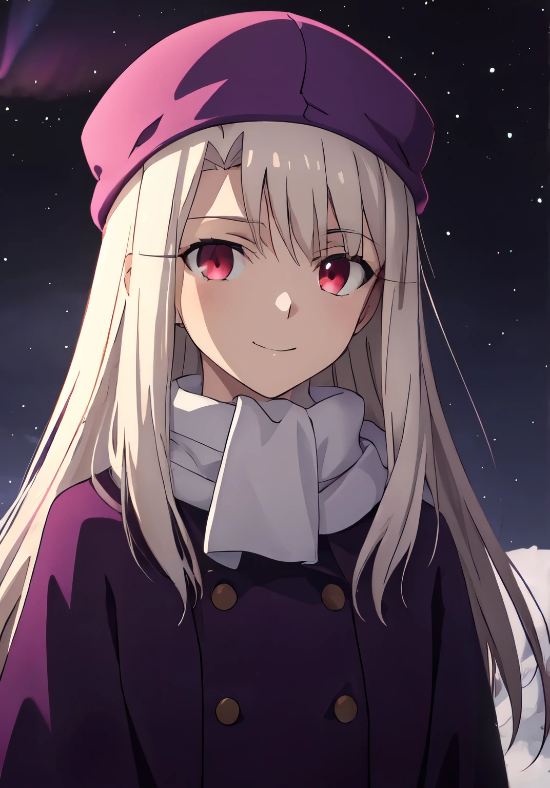 best quality, masterpiece, highres, solo, (illyasviel_von_einzbern_fatestaynightufotable:1.10), 1girl, papakha, night, dark sky, northern lights, aurora borealis, white scarf, purple headwear, purple coat, anime coloring, closed mouth, looking at viewer, smile, outdoors, upper body, anime_style, 3