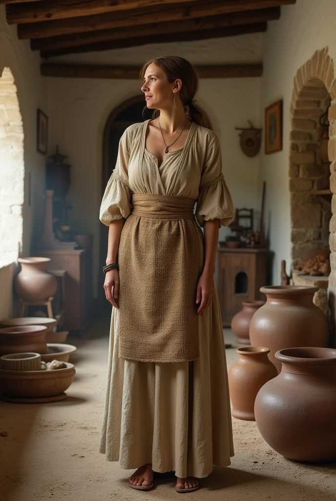 Roman field girls slaves of Germany,Slavs tribal 1st century BC. Roman villa, working on a farm, rural hinterland , southern Italy, tanned from the sun and dirt, weathered skin, beautiful faces, brown hair somehow cropped tied in a ponytail, sweaty, sweat covers the skin and glitters in the sun, barefoot, in rags made of burlap barely covering the middle of the hips, the age is about 22-24 years old.tired, scared, stupefied from work, dirty feet, carrying baskets, a lot of details, high texture of fabric and body,hyperrealism