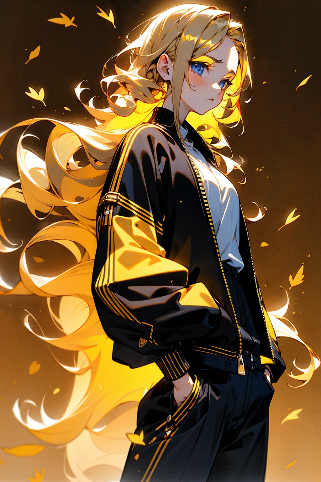 1female, woman, blonde hair, curly long hair, blue eyes, calm expression, black and gold tracksuit, open jacket, white shirt, japanese background, falling leaves, autumn, detailed face, hands to side, hands behind, hands in pockets, hidden hands