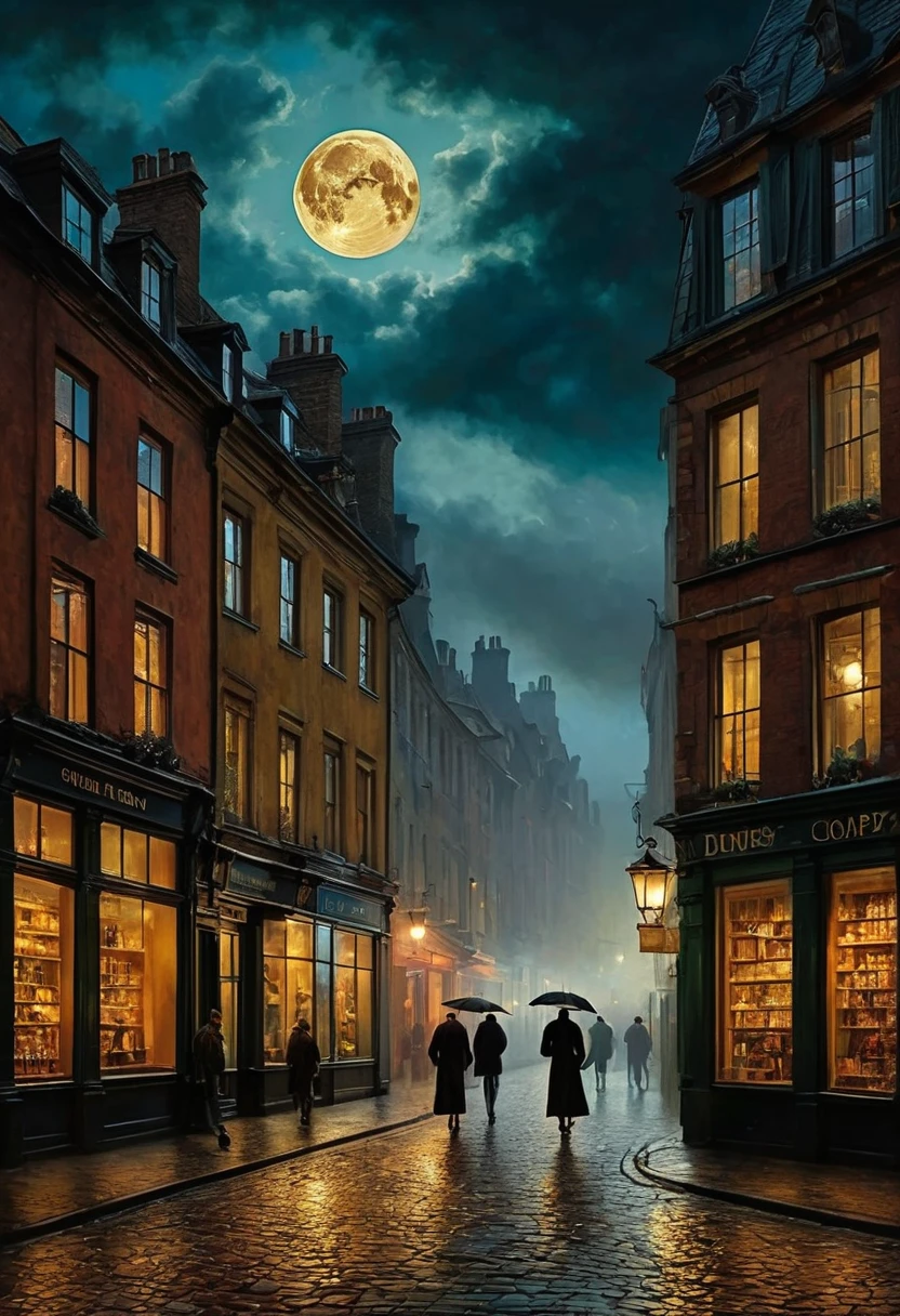 The moon in the moving clouds, the wavering light of shop windows, gloomy streets and silhouetted people. precise details, realism to the point of naturalism and a touch of mystical mood. In the style of Caspar-David Friedrich . bright colors and picturesque effects, a picture with a special charm.
