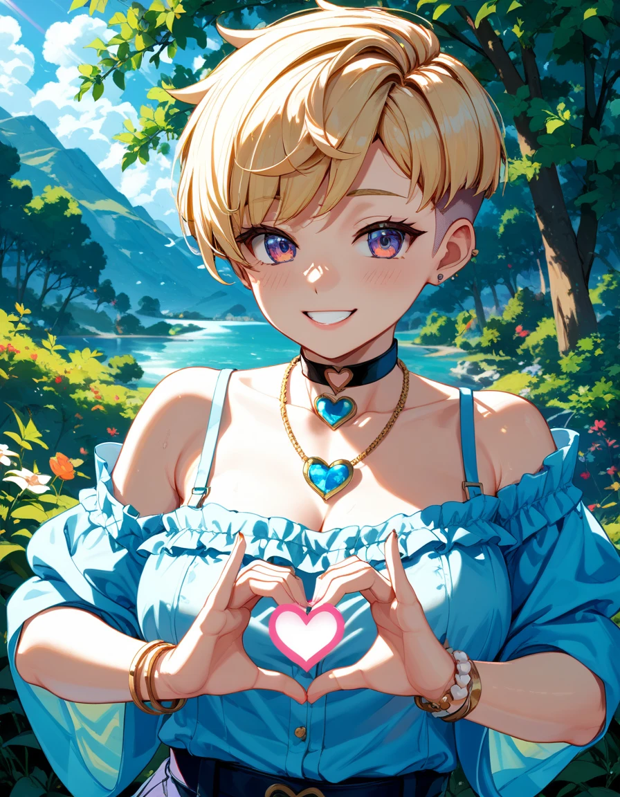 (Highest quality, 4K, 8k, High Resolution masterpiece:1.2), Very detailed, Picturesque, Anime-style photos, Photo Animation:1.37)、a beautiful girl、(blonde Hair)、(pixie cut)、Black choker、pierce、necklace、bracelet、heart hands、