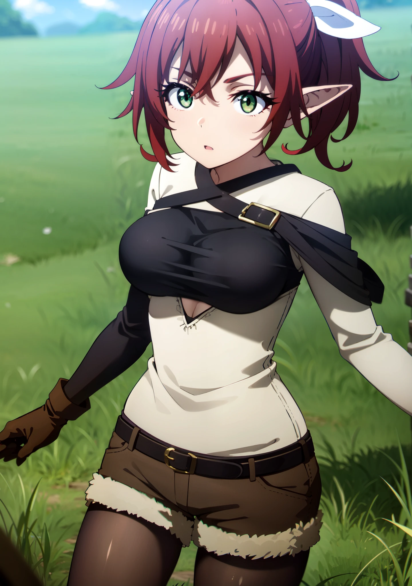 rheafighter, rhea fighter, (green eyes:1.5), hair ribbon, ponytail, red hair, pointy ears, elf, white bow, white ribbon, ribbon, BREAK gloves, bow, pantyhose, shorts, belt, armor, big breast, black pantyhose, fur trim, short shorts, brown gloves, toeless legwear, legwear under shorts, brown shorts, BREAK outdoors, forest, grass, nature, sky, cloud, sun, BREAK looking at viewer, (cowboy shot:1.5), BREAK (masterpiece:1.2), best quality, high resolution, unity 8k wallpaper, (illustration:0.8), (beautiful detailed eyes:1.6), extremely detailed face, perfect lighting, extremely detailed CG, (perfect hands, perfect anatomy), large breast