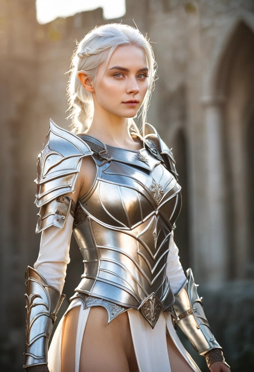 (masterpiece, best quality:1.2), Masterpiece, a beautiful female elf knight bright eyes, white hair, broad shoulders, strong body, high detail pale skin with light freckles, high detail filigree elf armor, outside, (skin texture:1.1), best quality, ultra high res, Raw photo, Nikon D850, backlight, rimlight, bright sunlight, film grain:1.2, (warm hue, warm tone:1.2), (color photo), fantasy castle background