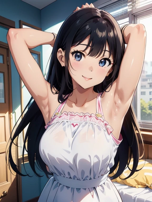 Girl, cute, kawaii, From above, Chest to head, Look up here, smile, Embarrassed, Straight Hair, Long Hair, Black Hair, morning, sunny,full breasts, Wink, standing,
(ONE Arm up behind:1.5),
(shows armpit:1.5), Light shines in,Yawn,bra top, My Room, Waking up